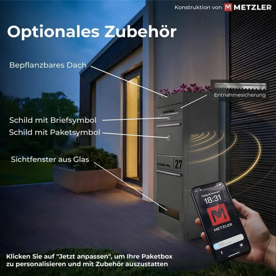 Metzler Paketbox mit Briefkasten | personalisiert mit Gravur | Edelstahl-Namensschild | mit Briefeinwurf | Taren