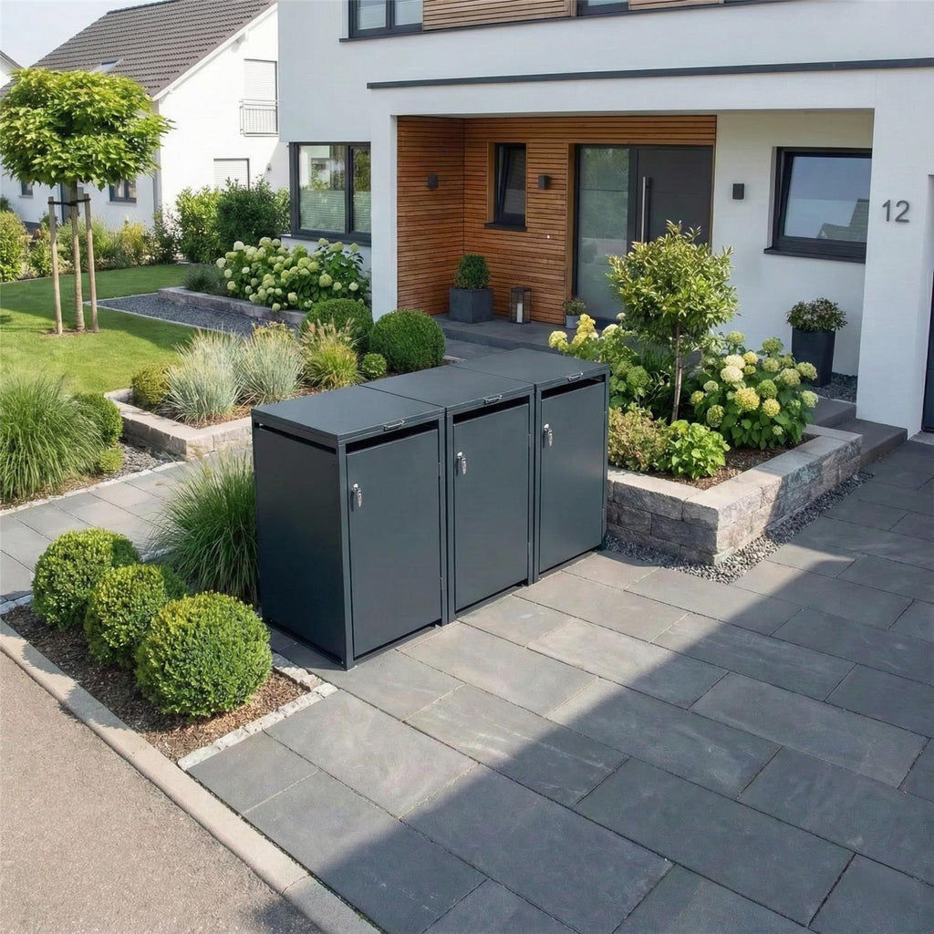 Metzler Mülltonnenbox | 3er | 240l | aus Stahl | rostfrei & massiv | Türgriff mit Schloss