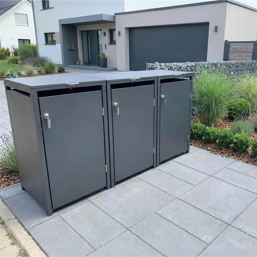 Metzler Mülltonnenbox | 3er | 240l | aus Stahl | rostfrei & massiv | Türgriff mit Schloss