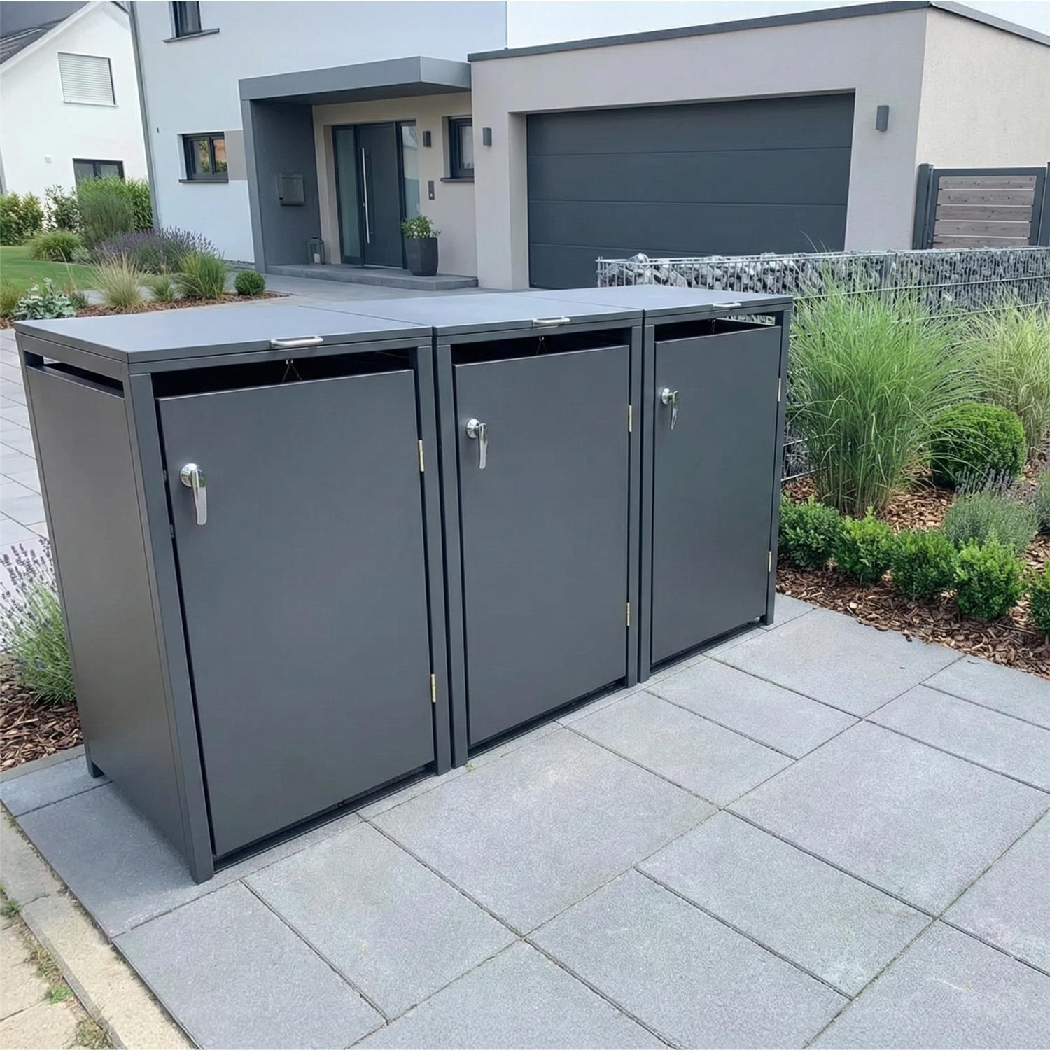 Metzler Mülltonnenbox | 3er | 240l | aus Stahl | rostfrei & massiv | Türgriff mit Schloss