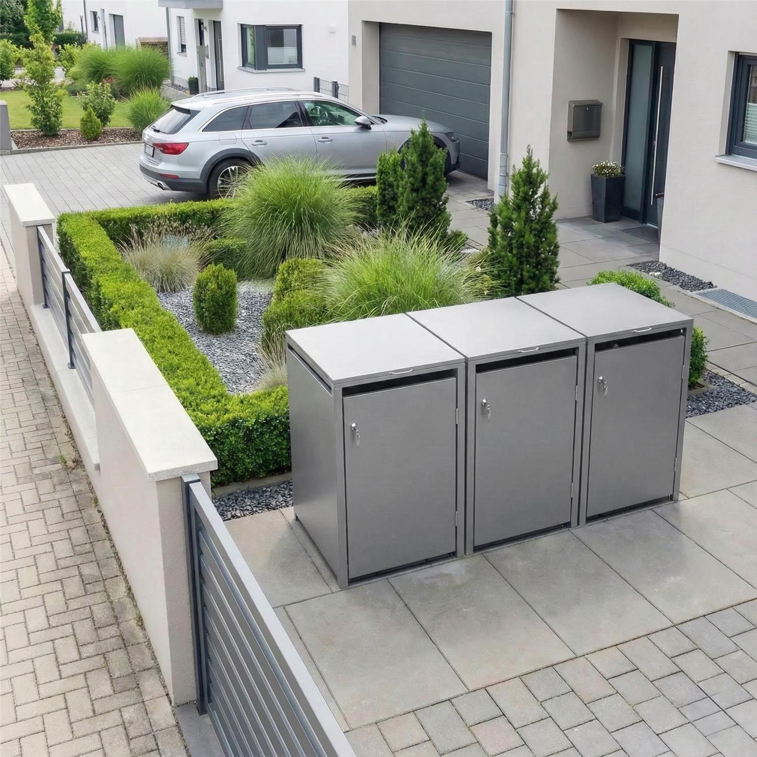 Metzler Mülltonnenbox | 3er | 240l | aus Stahl | rostfrei & massiv | Türgriff mit Schloss