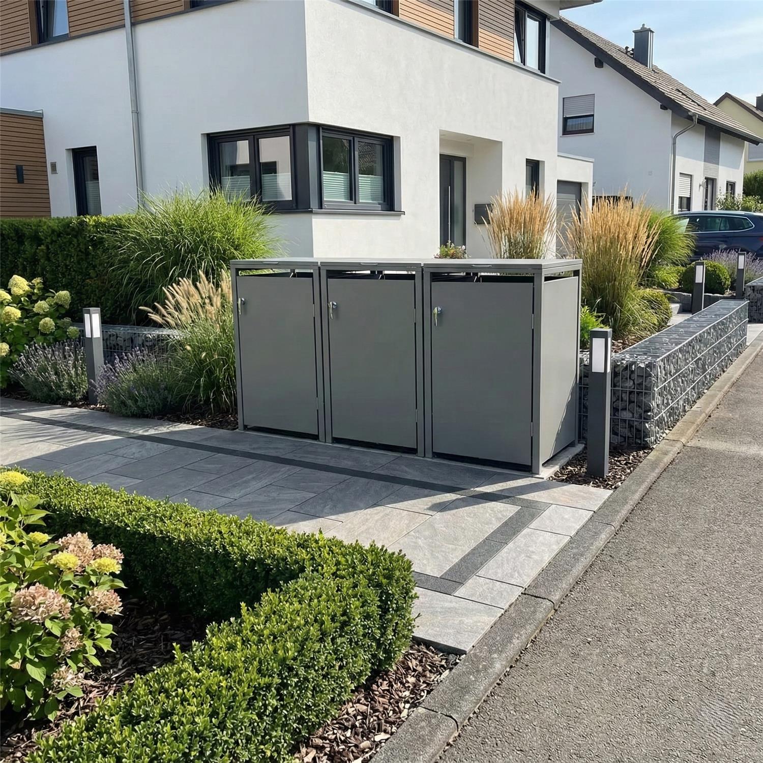 Metzler Mülltonnenbox | 3er | 240l | aus Stahl | rostfrei & massiv | Türgriff mit Schloss