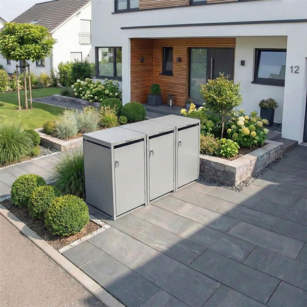 Metzler Mülltonnenbox | 3er | 240l | aus Stahl | rostfrei & massiv | Türgriff mit Schloss