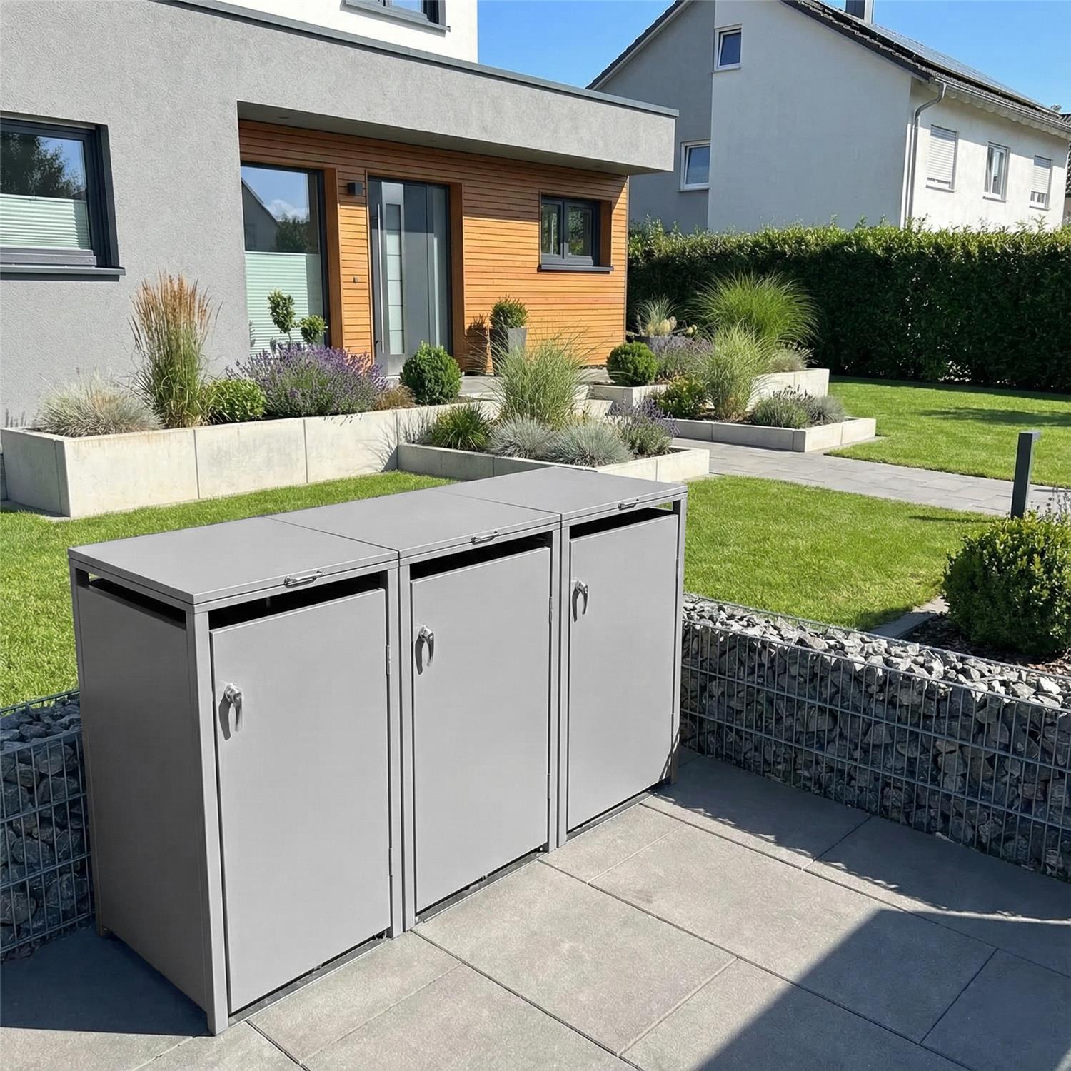 Metzler Mülltonnenbox | 3er | 240l | aus Stahl | rostfrei & massiv | Türgriff mit Schloss
