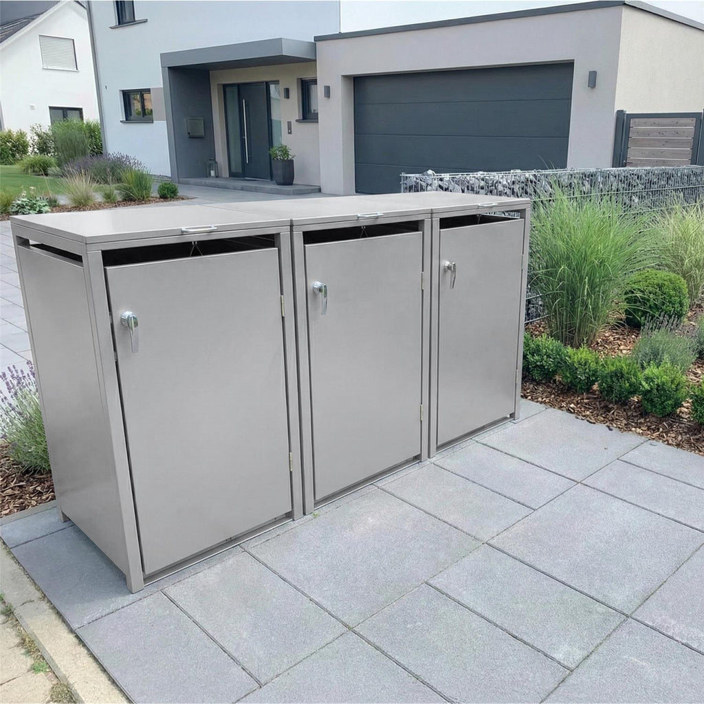 Metzler Mülltonnenbox | 3er | 240l | aus Stahl | rostfrei & massiv | Türgriff mit Schloss