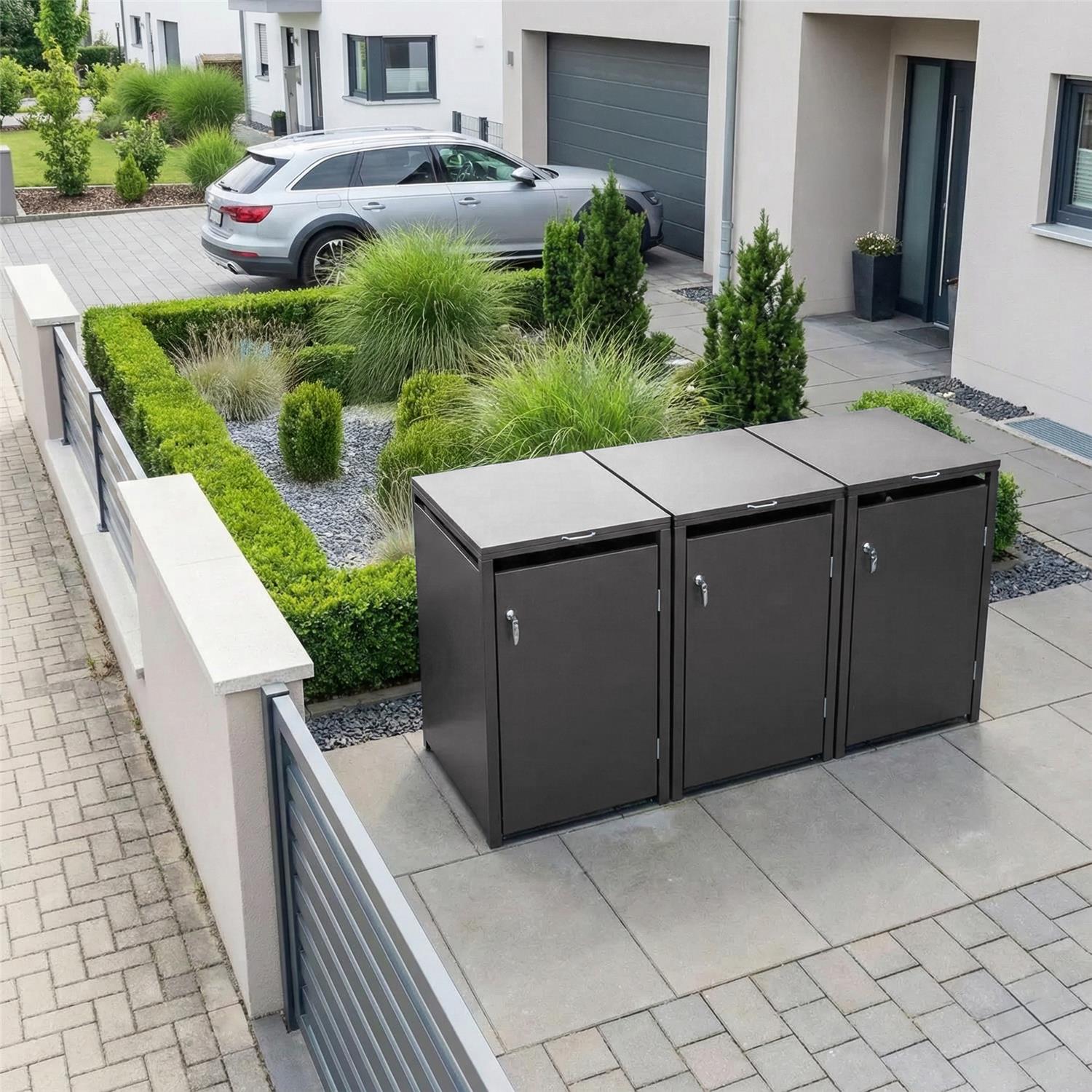 Metzler Mülltonnenbox | 3er | 240l | aus Stahl | rostfrei & massiv | Türgriff mit Schloss