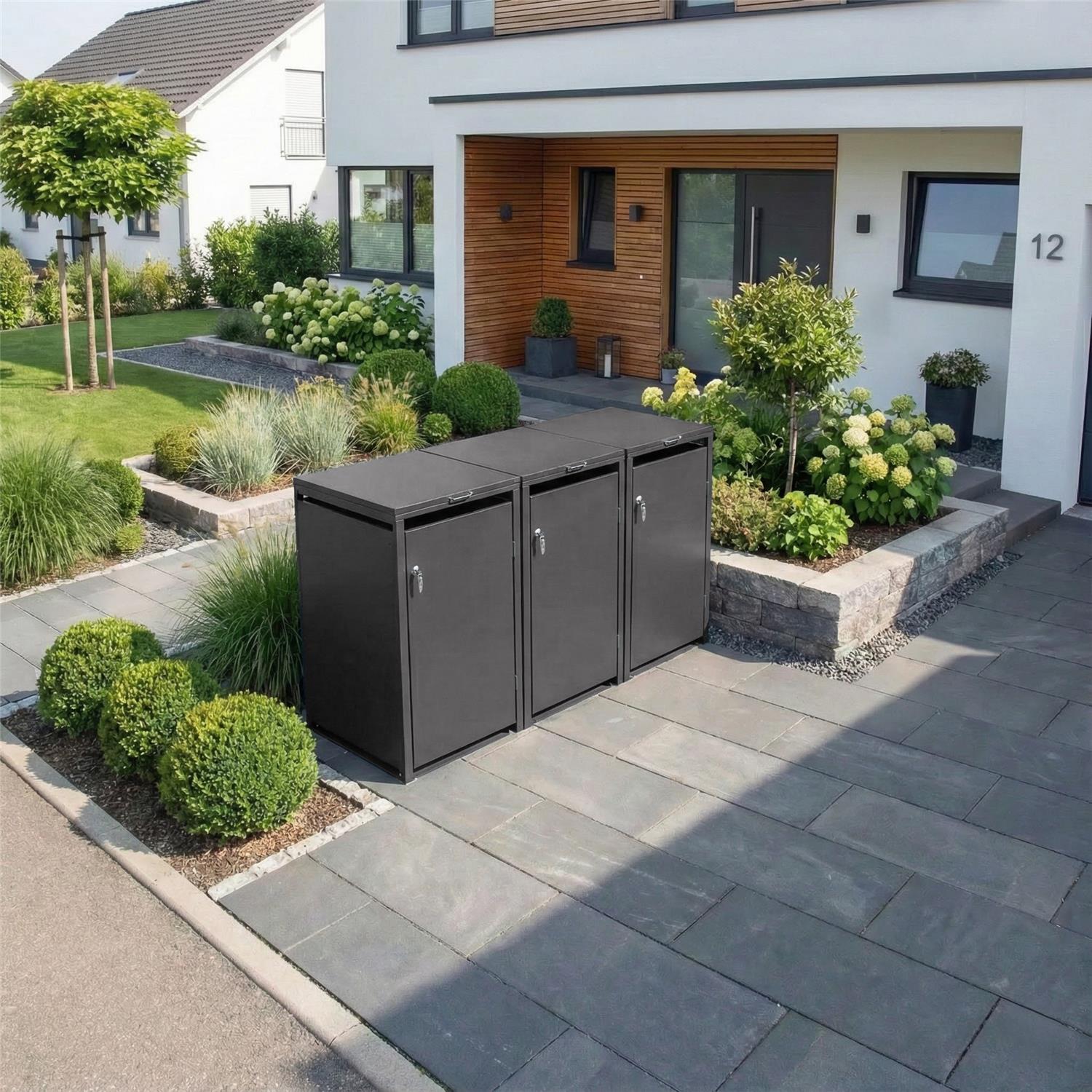 Metzler Mülltonnenbox | 3er | 240l | aus Stahl | rostfrei & massiv | Türgriff mit Schloss