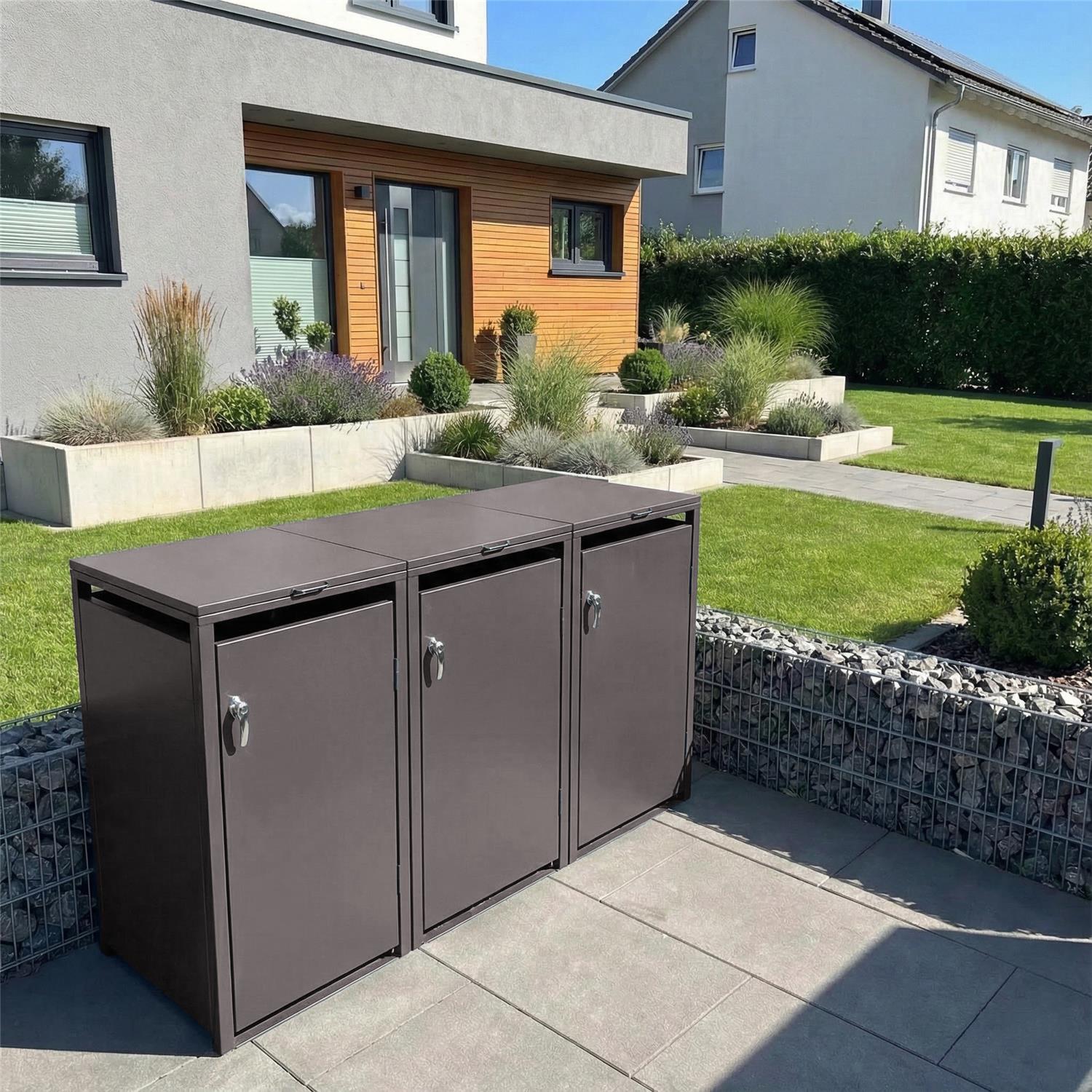 Metzler Mülltonnenbox | 3er | 240l | aus Stahl | rostfrei & massiv | Türgriff mit Schloss