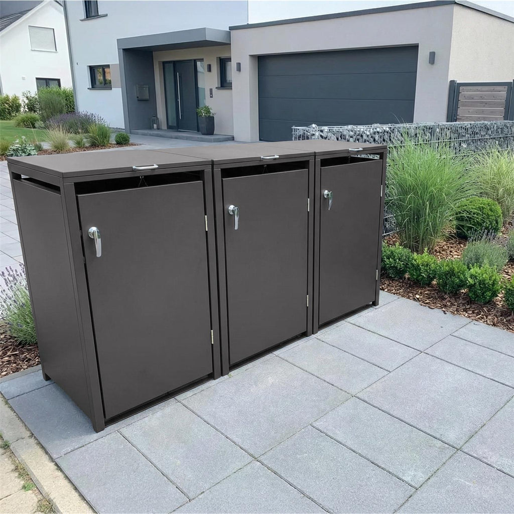 Metzler Mülltonnenbox | 3er | 240l | aus Stahl | rostfrei & massiv | Türgriff mit Schloss