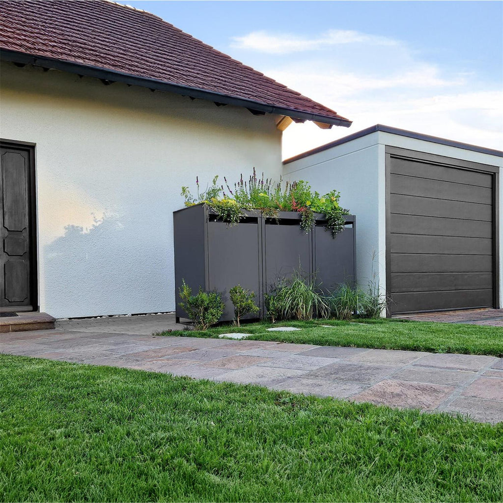 Metzler Mülltonnenbox mit Pflanzdach | 3er | 240l | Anthrazit RAL 7016 | aus Stahl | rostfrei & massiv | Türgriff mit Schloss