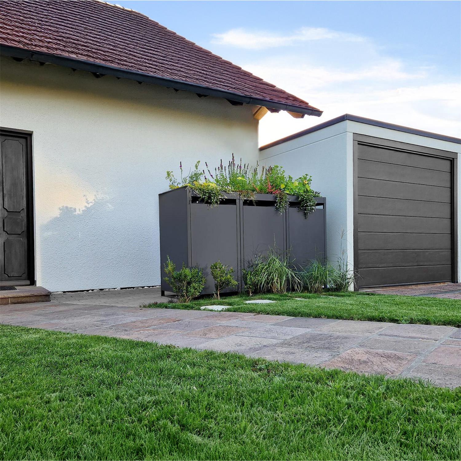 Metzler Mülltonnenbox mit Pflanzdach | 3er | 240l | Anthrazit RAL 7016 | aus Stahl | rostfrei & massiv | Türgriff mit Schloss