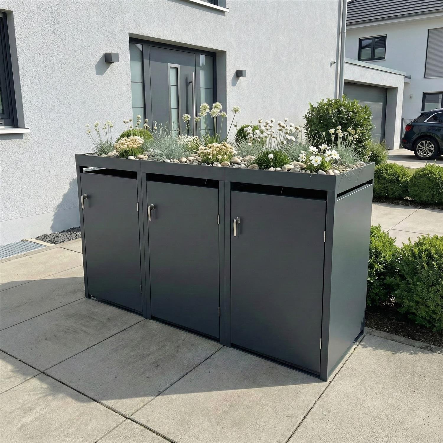 Metzler Mülltonnenbox mit Pflanzdach | 3er | 240l | Anthrazit RAL 7016 | aus Stahl | rostfrei & massiv | Türgriff mit Schloss