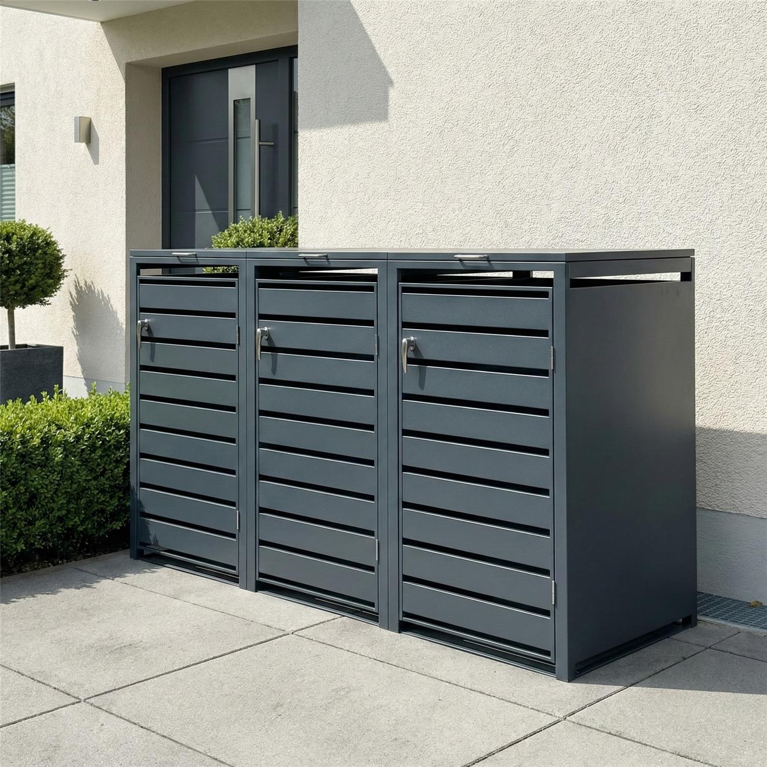 Metzler Mülltonnenbox | 3er | 240l | Anthrazit RAL 7016 | aus Stahl | mit Sichtstreifen | rostfrei & massiv | Türgriff mit Schloss