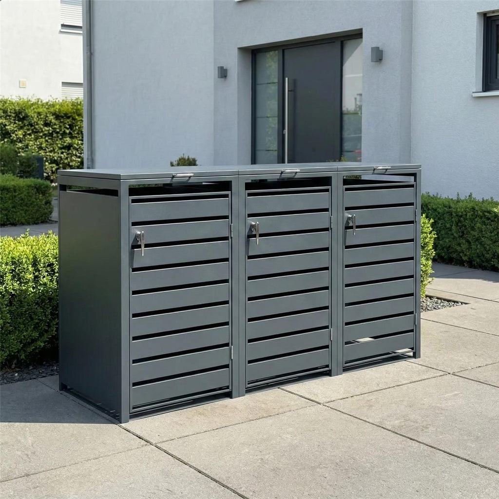 Metzler Mülltonnenbox | 3er | 240l | Anthrazit RAL 7016 | aus Stahl | mit Sichtstreifen | rostfrei & massiv | Türgriff mit Schloss
