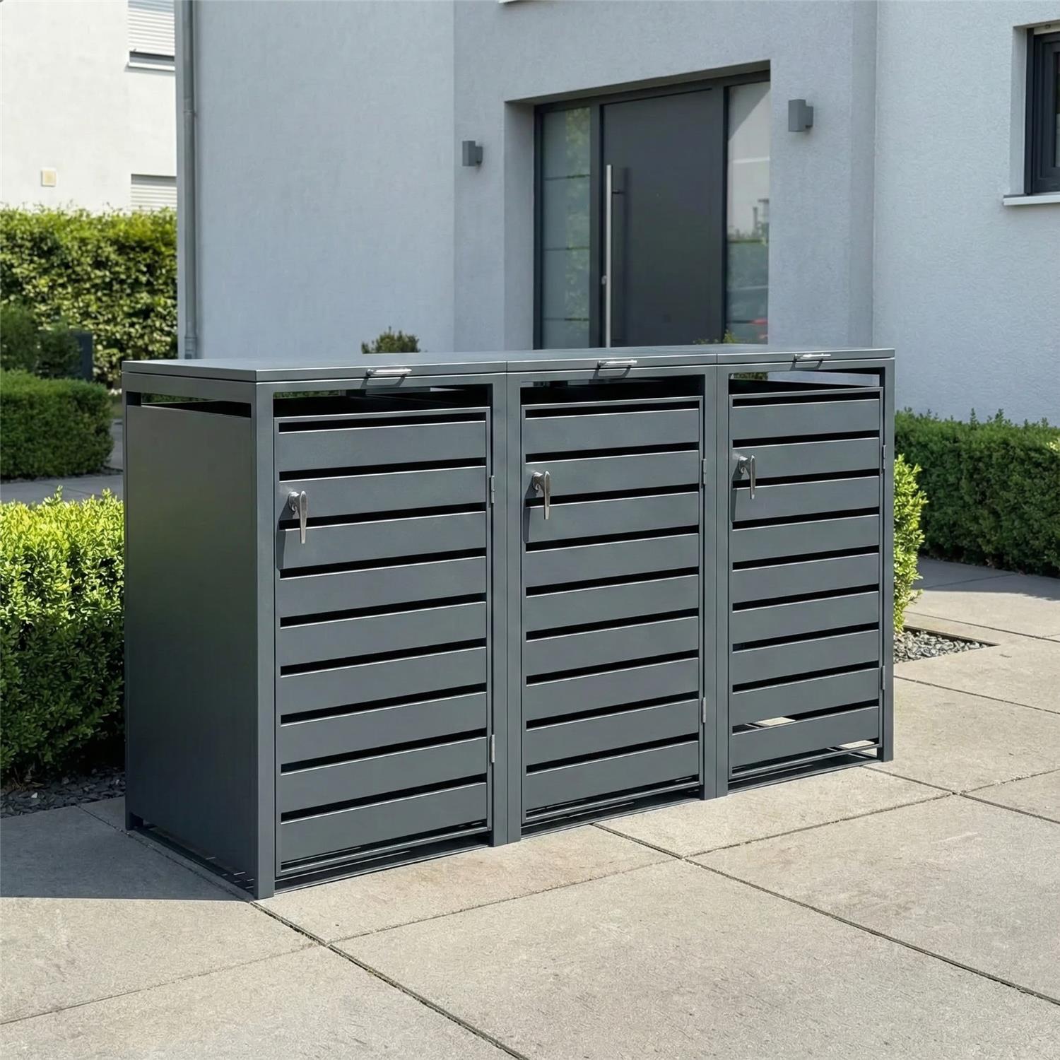 Metzler Mülltonnenbox | 3er | 240l | Anthrazit RAL 7016 | aus Stahl | mit Sichtstreifen | rostfrei & massiv | Türgriff mit Schloss
