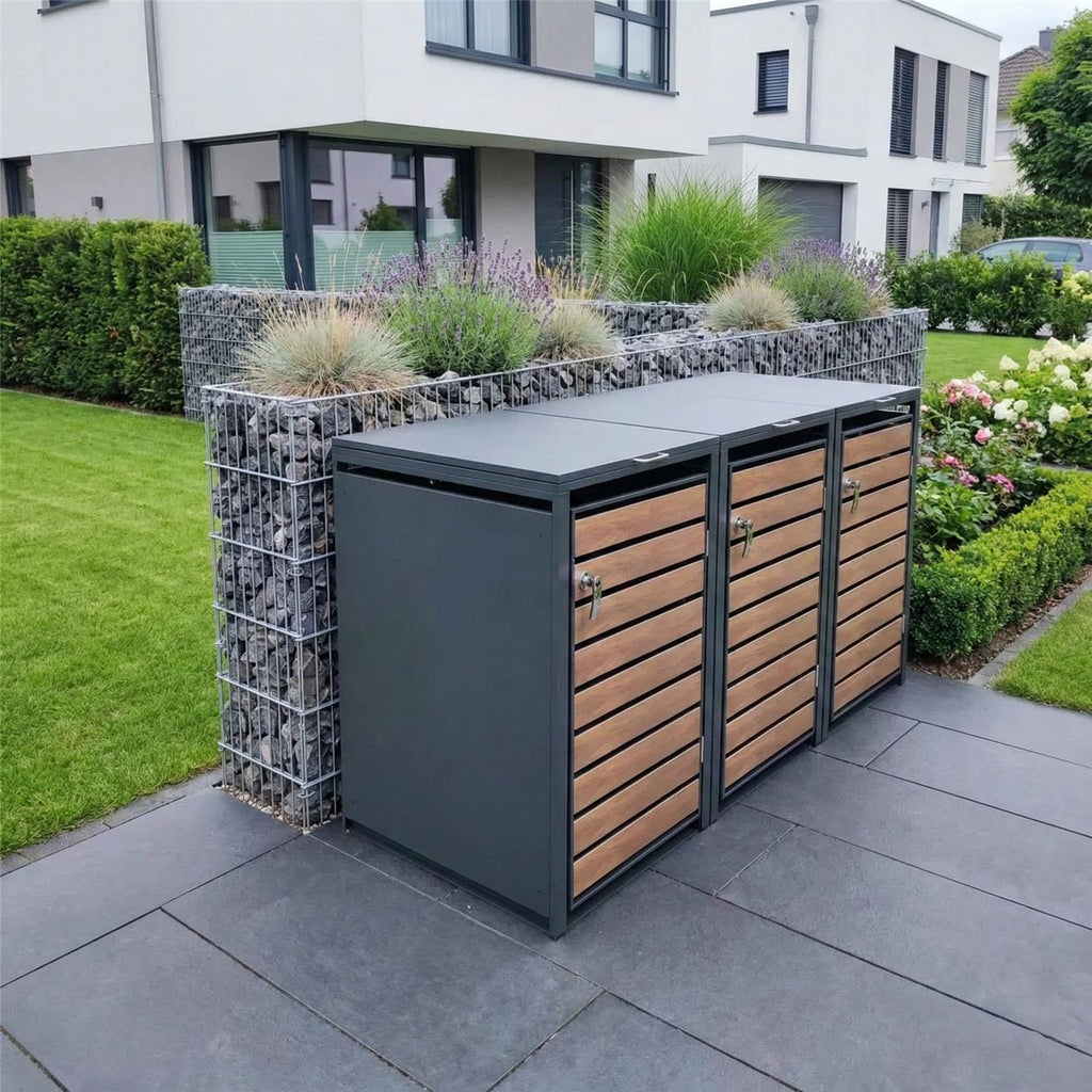 Metzler Mülltonnenbox | 3er | 240l | in Holzoptik | Anthrazit RAL 7016 | aus Stahl | rostfrei & massiv | Türgriff mit Schloss