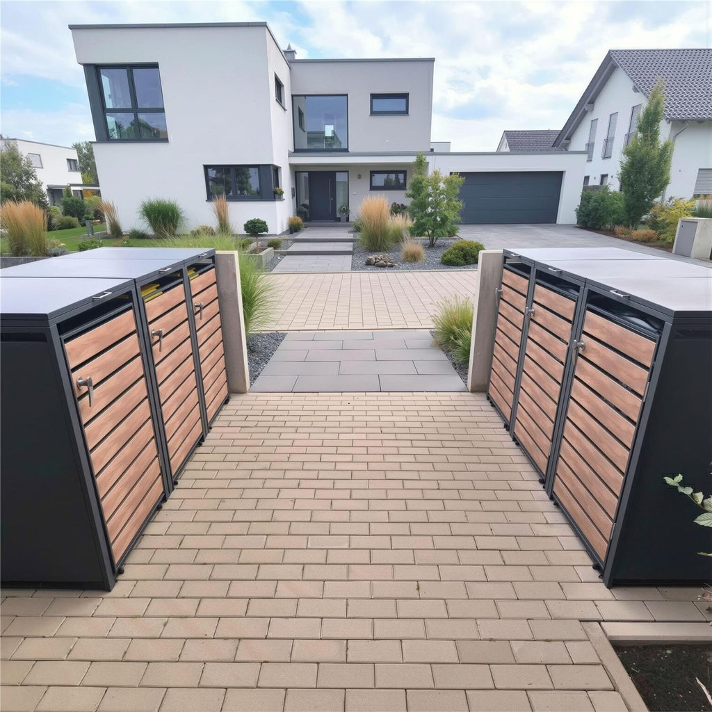 Metzler Mülltonnenbox | 3er | 240l | in Holzoptik | Anthrazit RAL 7016 | aus Stahl | rostfrei & massiv | Türgriff mit Schloss