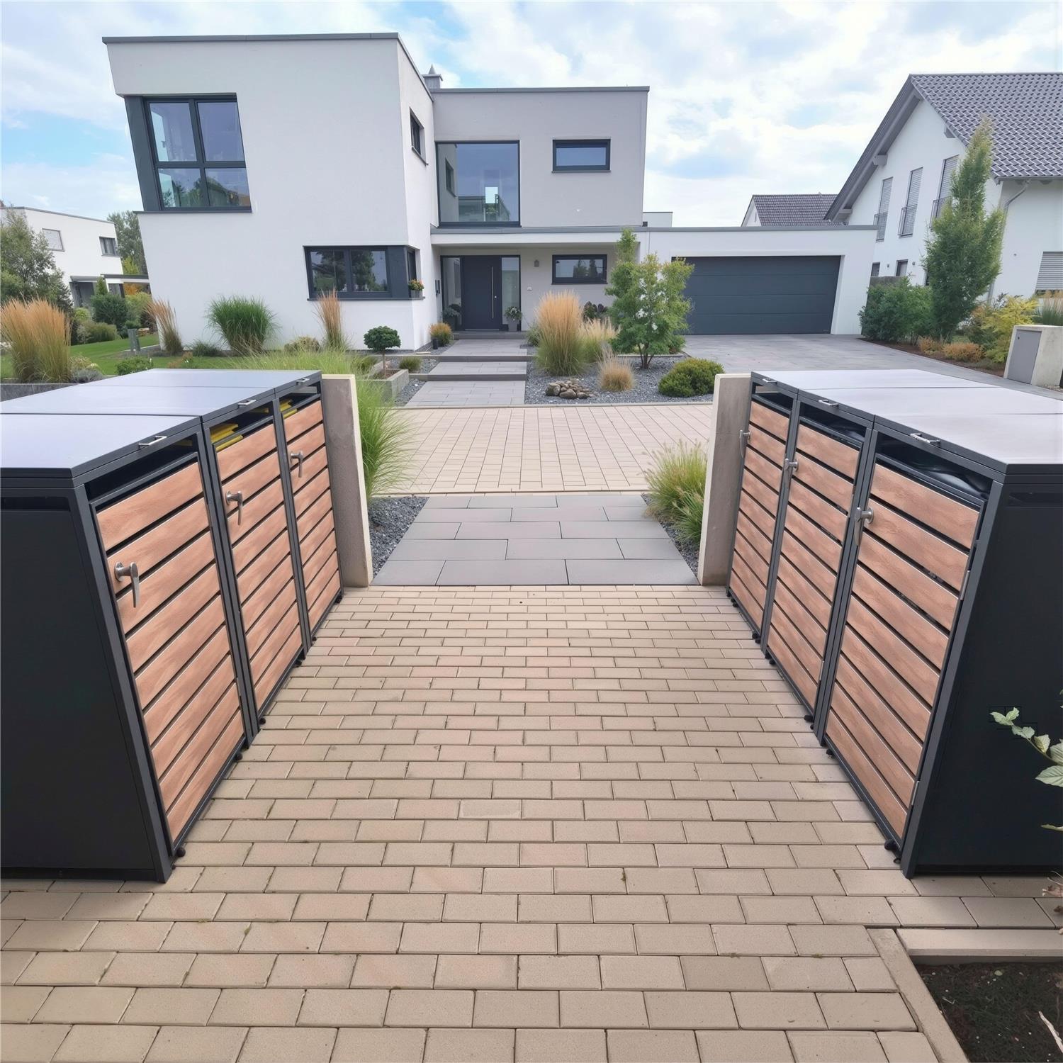 Metzler Mülltonnenbox | 3er | 240l | in Holzoptik | Anthrazit RAL 7016 | aus Stahl | rostfrei & massiv | Türgriff mit Schloss