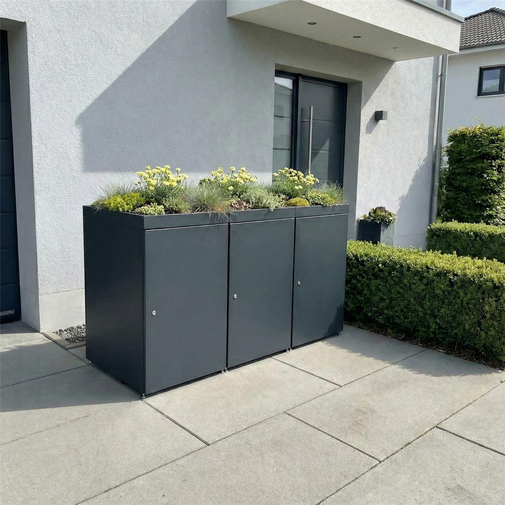 Metzler Mülltonnenbox mit Pflanzdach | 3er | 240l | aus Aluminium | rostfrei & massiv