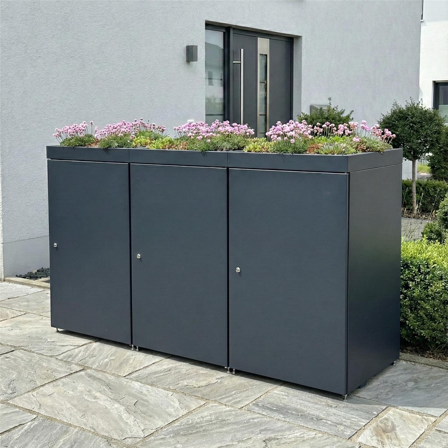 Metzler Mülltonnenbox mit Pflanzdach | 3er | 240l | aus Aluminium | rostfrei & massiv