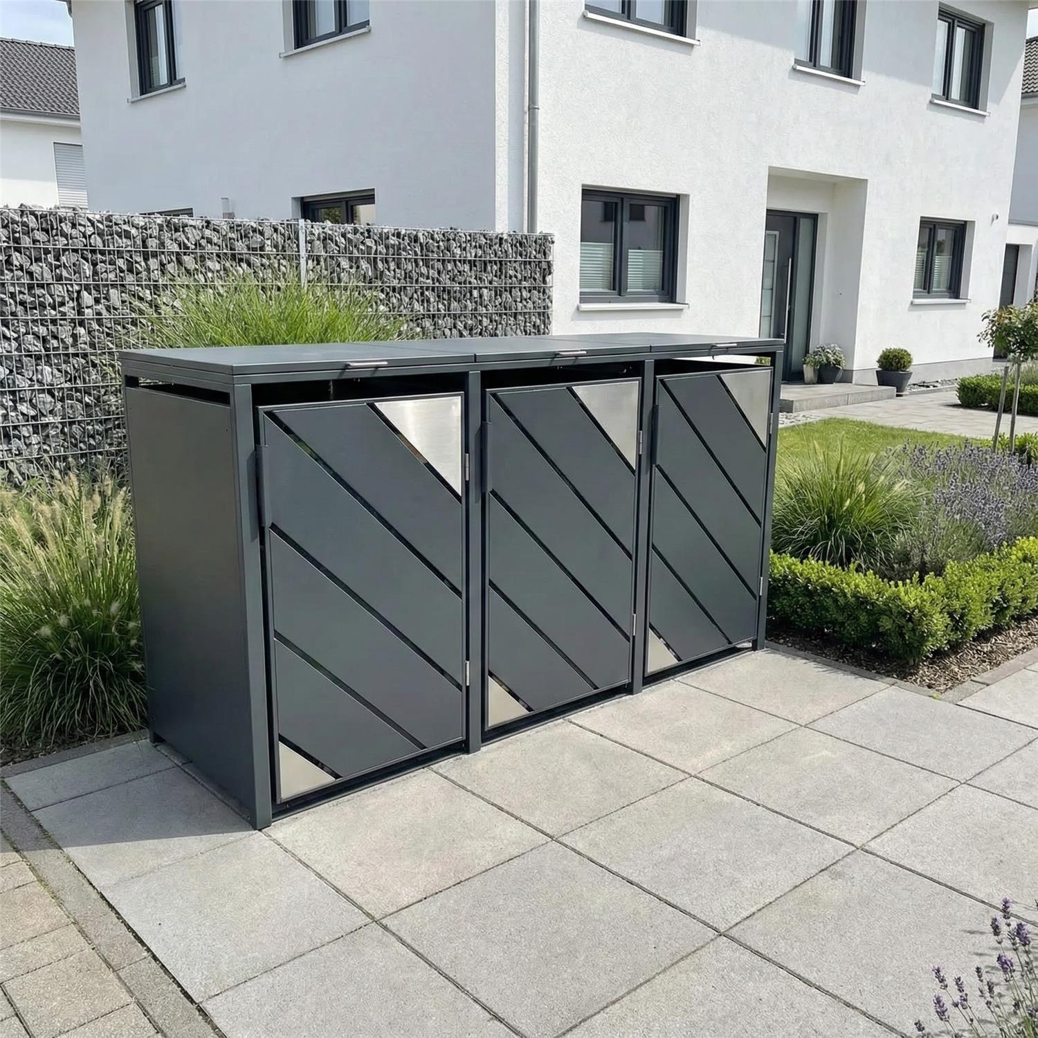 Metzler Mülltonnenbox mit Edelstahl Akzenten | 3er | 240l | Anthrazit | mit Sichtstreifen | rostfrei & massiv
