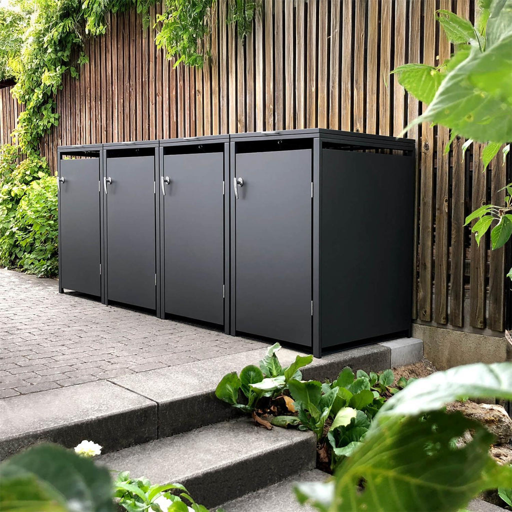 Metzler Mülltonnenbox | 4er | 240l | aus Stahl | rostfrei & massiv | Türgriff mit Schloss