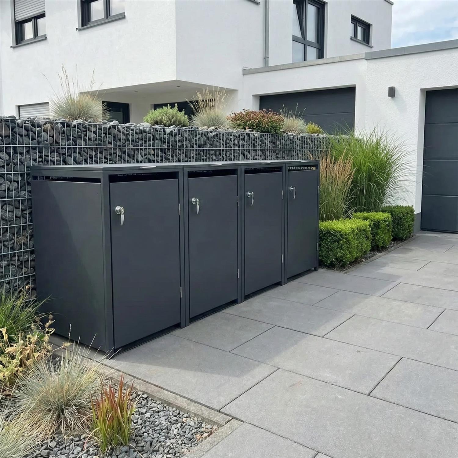 Metzler Mülltonnenbox | 4er | 240l | aus Stahl | rostfrei & massiv | Türgriff mit Schloss