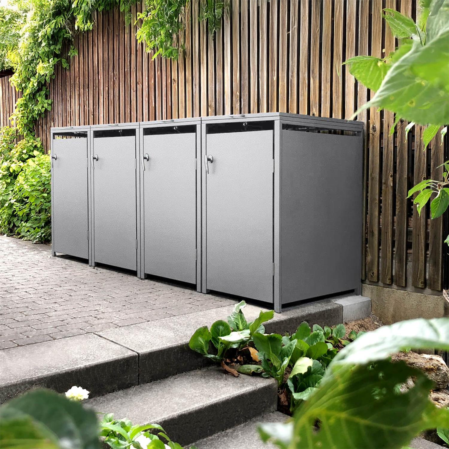 Metzler Mülltonnenbox | 4er | 240l | aus Stahl | rostfrei & massiv | Türgriff mit Schloss