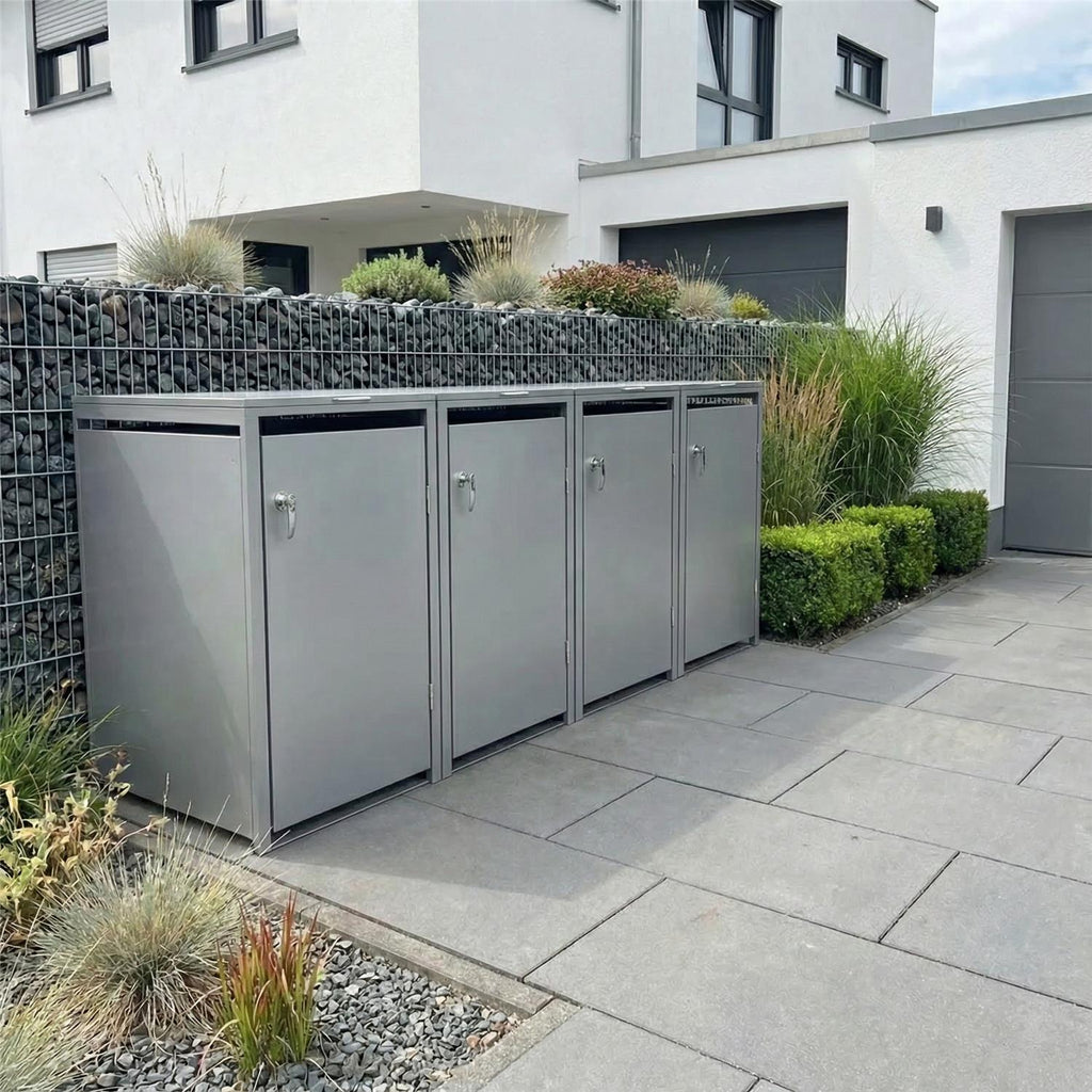 Metzler Mülltonnenbox | 4er | 240l | aus Stahl | rostfrei & massiv | Türgriff mit Schloss
