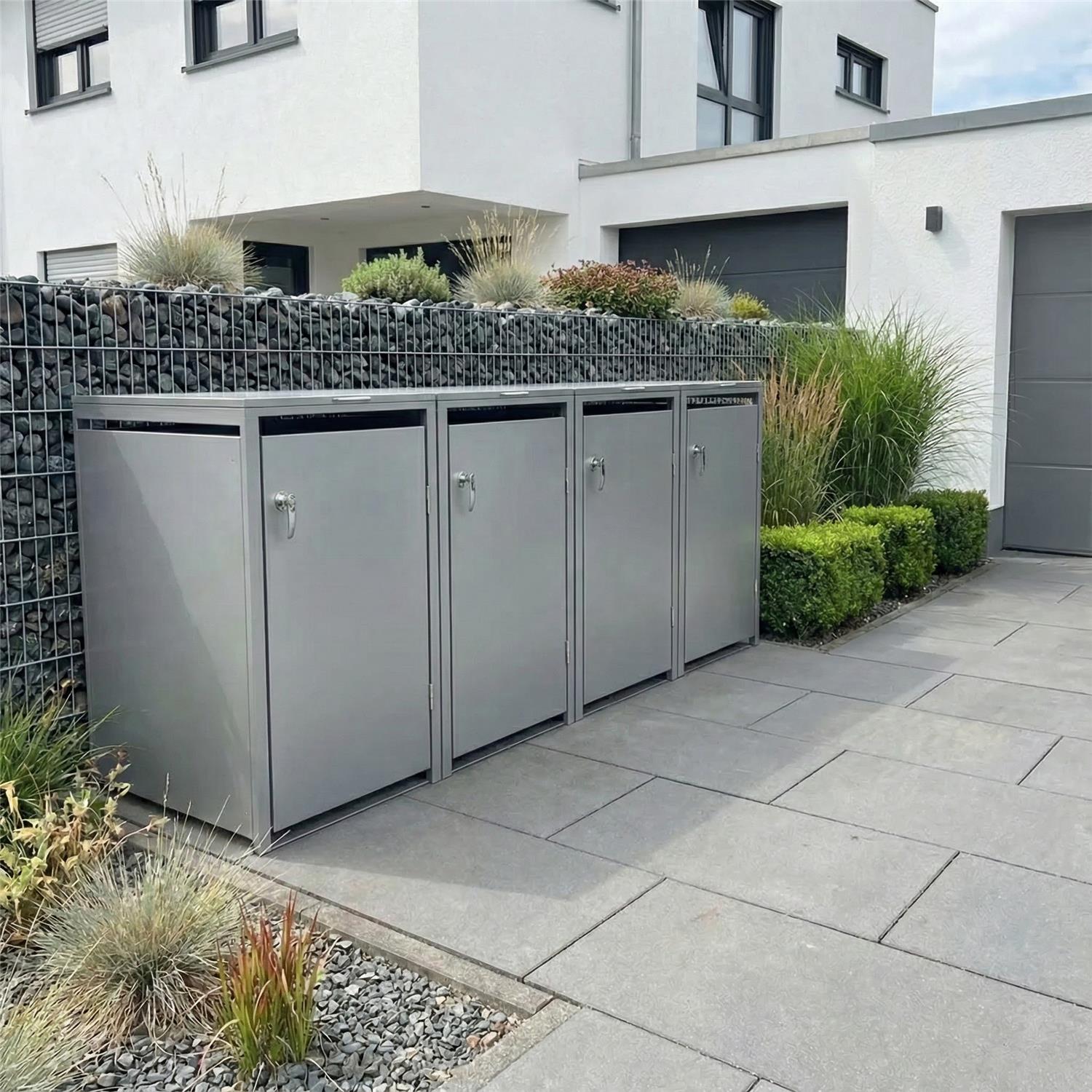 Metzler Mülltonnenbox | 4er | 240l | aus Stahl | rostfrei & massiv | Türgriff mit Schloss
