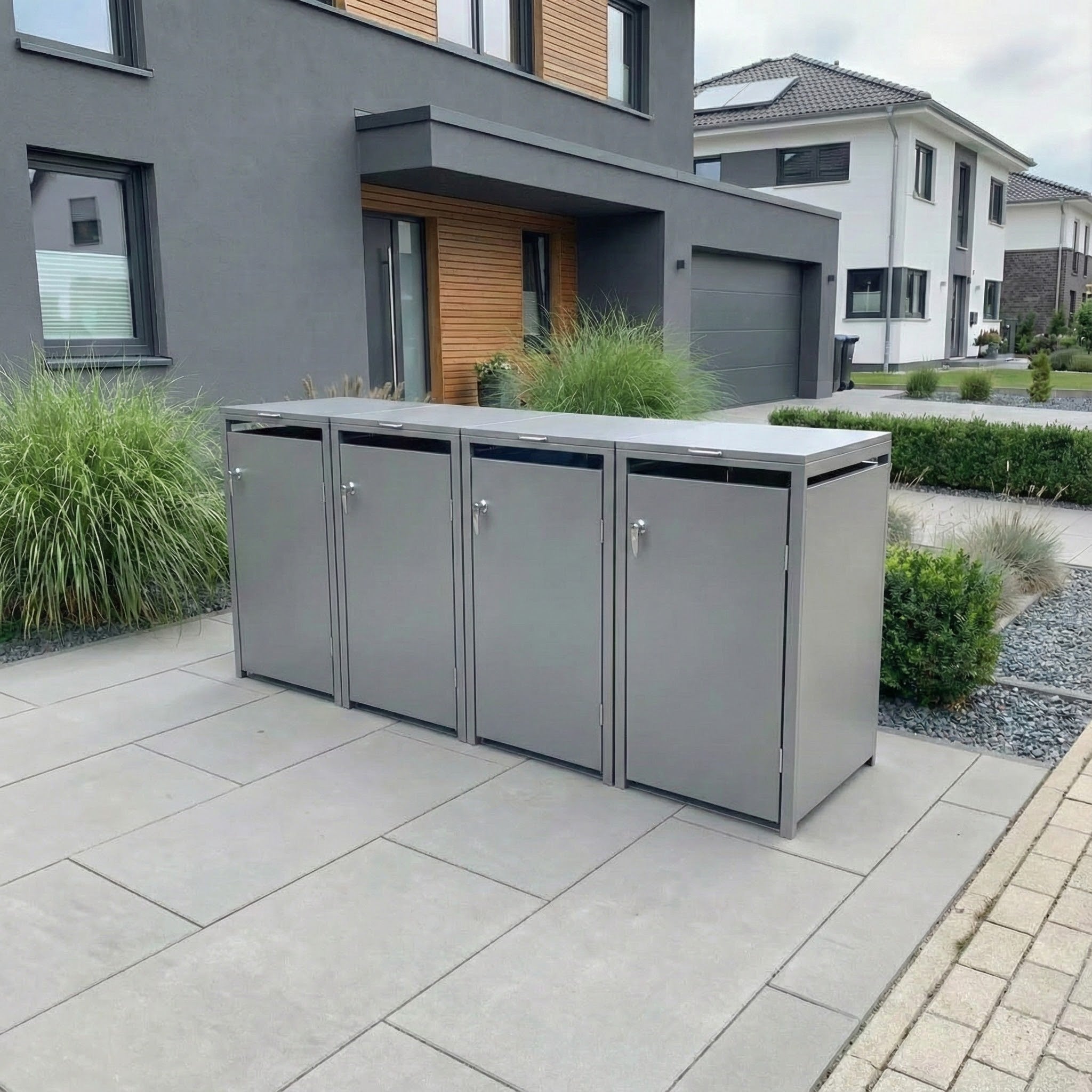 Metzler Mülltonnenbox | 4er | 240l | aus Stahl | rostfrei & massiv | Türgriff mit Schloss