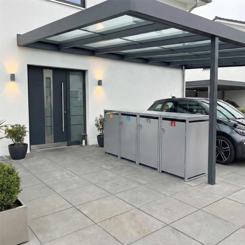 Metzler Mülltonnenbox | 4er | 240l | aus Stahl | rostfrei & massiv | Türgriff mit Schloss