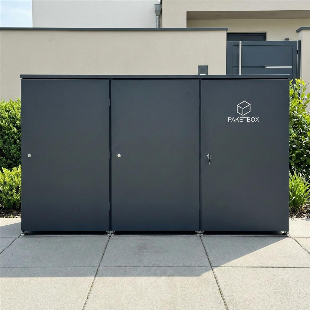 Metzler Mülltonnenbox | 2er mit Paketbox | Extra großes Volumen | Aus Aluminium | Höhenverstellbare Füße | Anthrazit