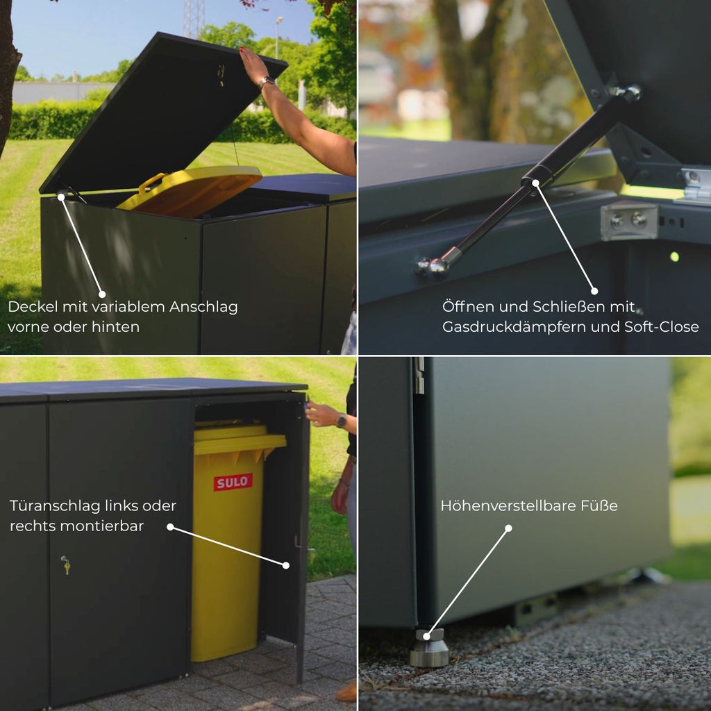 Metzler Mülltonnenbox | 2er mit Paketbox | Extra großes Volumen | Aus Aluminium | Höhenverstellbare Füße | Anthrazit