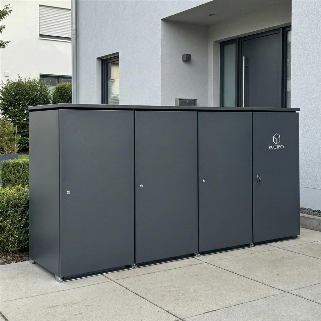 Metzler Mülltonnenbox | 3er mit Paketbox | Extra großes Volumen | Aus Aluminium | Höhenverstellbare Füße | Anthrazit