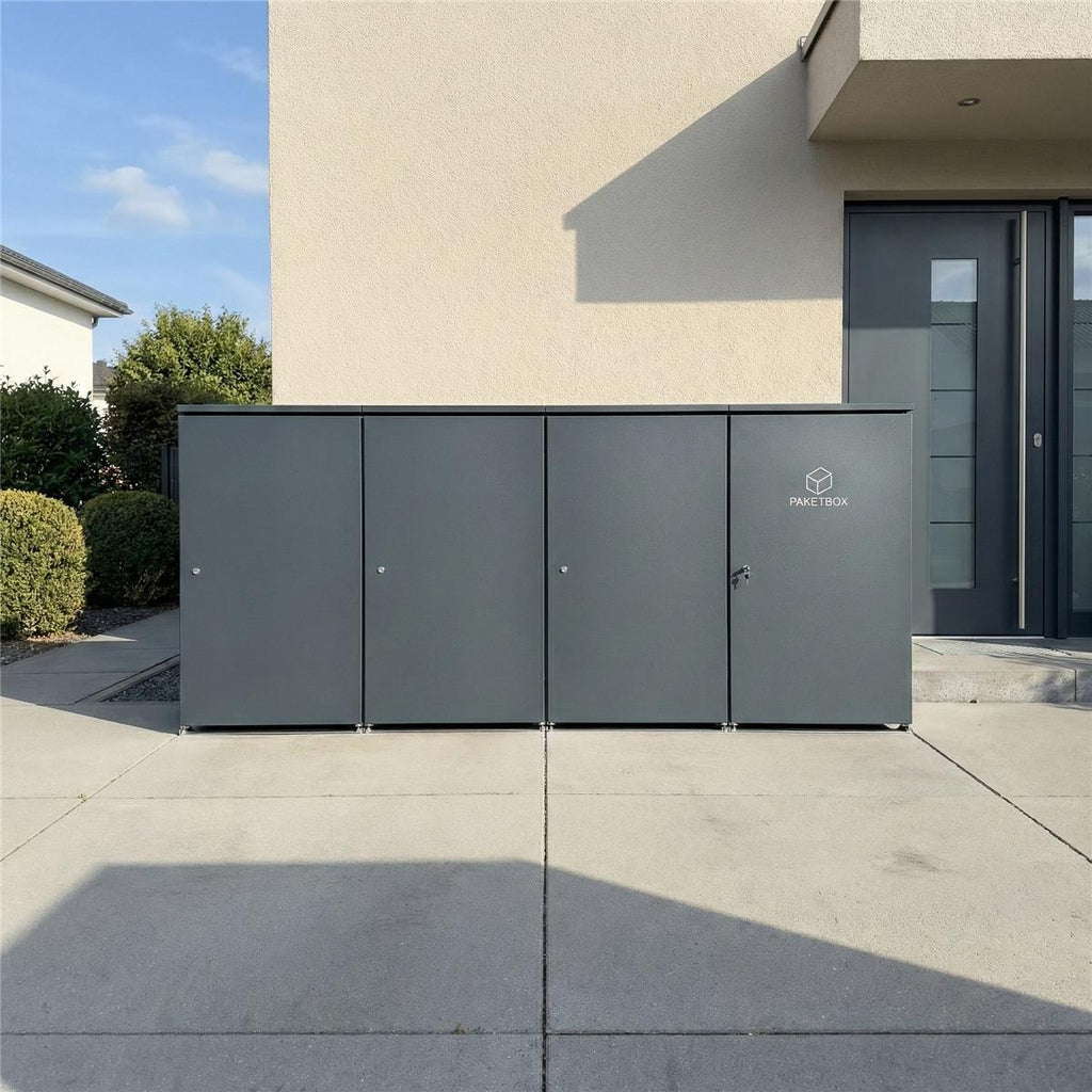Metzler Mülltonnenbox | 3er mit Paketbox | Extra großes Volumen | Aus Aluminium | Höhenverstellbare Füße | Anthrazit
