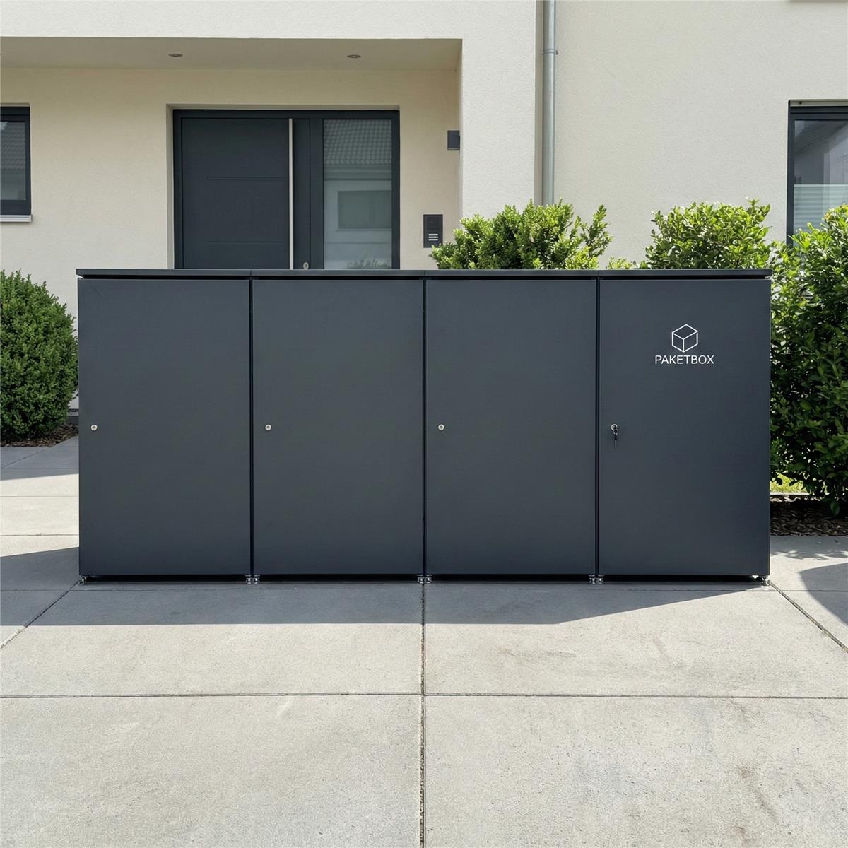 Metzler Mülltonnenbox | 3er mit Paketbox | Extra großes Volumen | Aus Aluminium | Höhenverstellbare Füße | Anthrazit