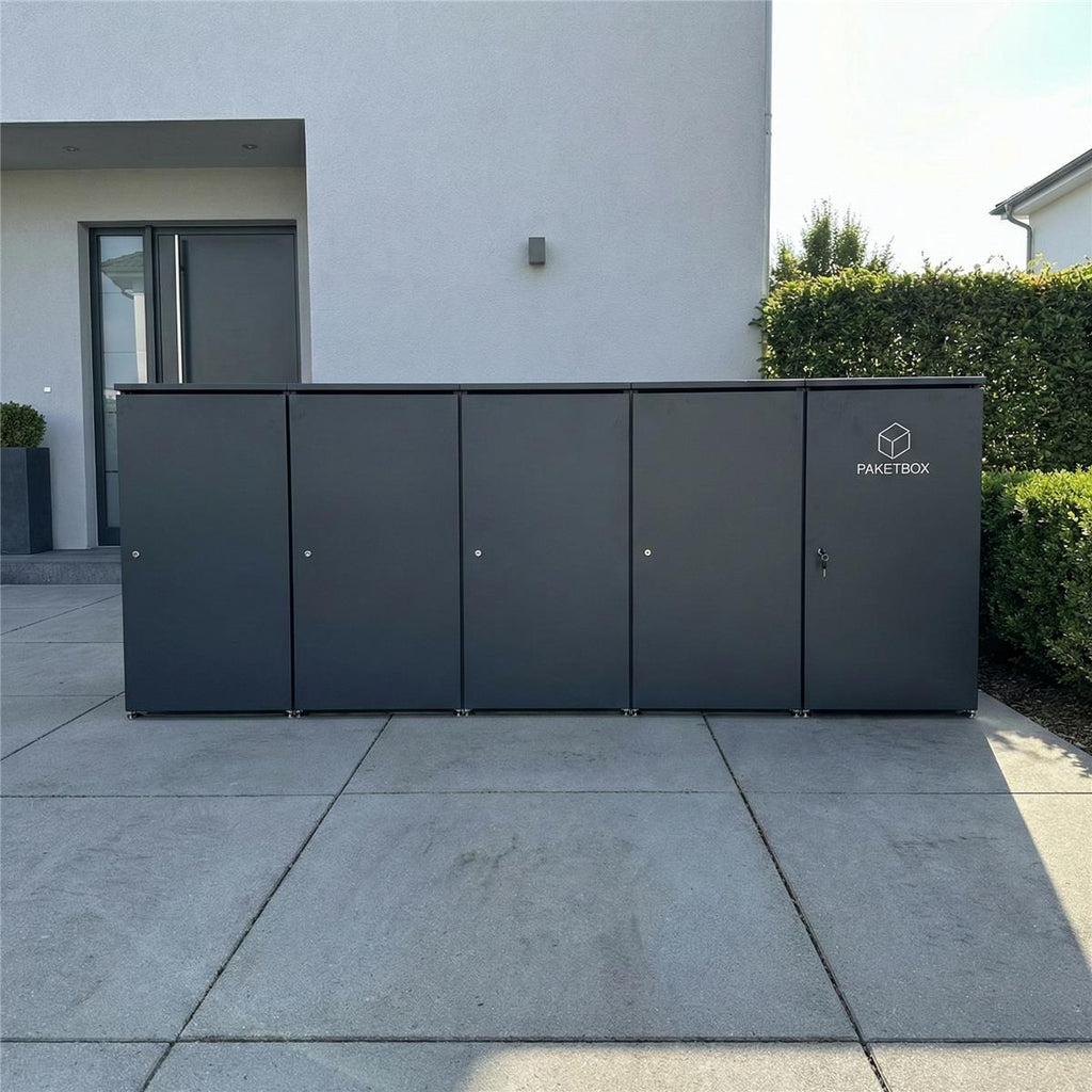 Metzler Mülltonnenbox | 4er mit Paketbox | Extra großes Volumen | Aus Aluminium | Höhenverstellbare Füße | Anthrazit