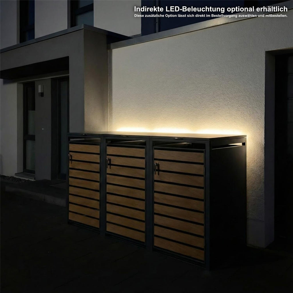 Metzler Mülltonnenbox | 3er | 240l | in Holzoptik | Anthrazit RAL 7016 | aus Stahl | rostfrei & massiv | Türgriff mit Schloss