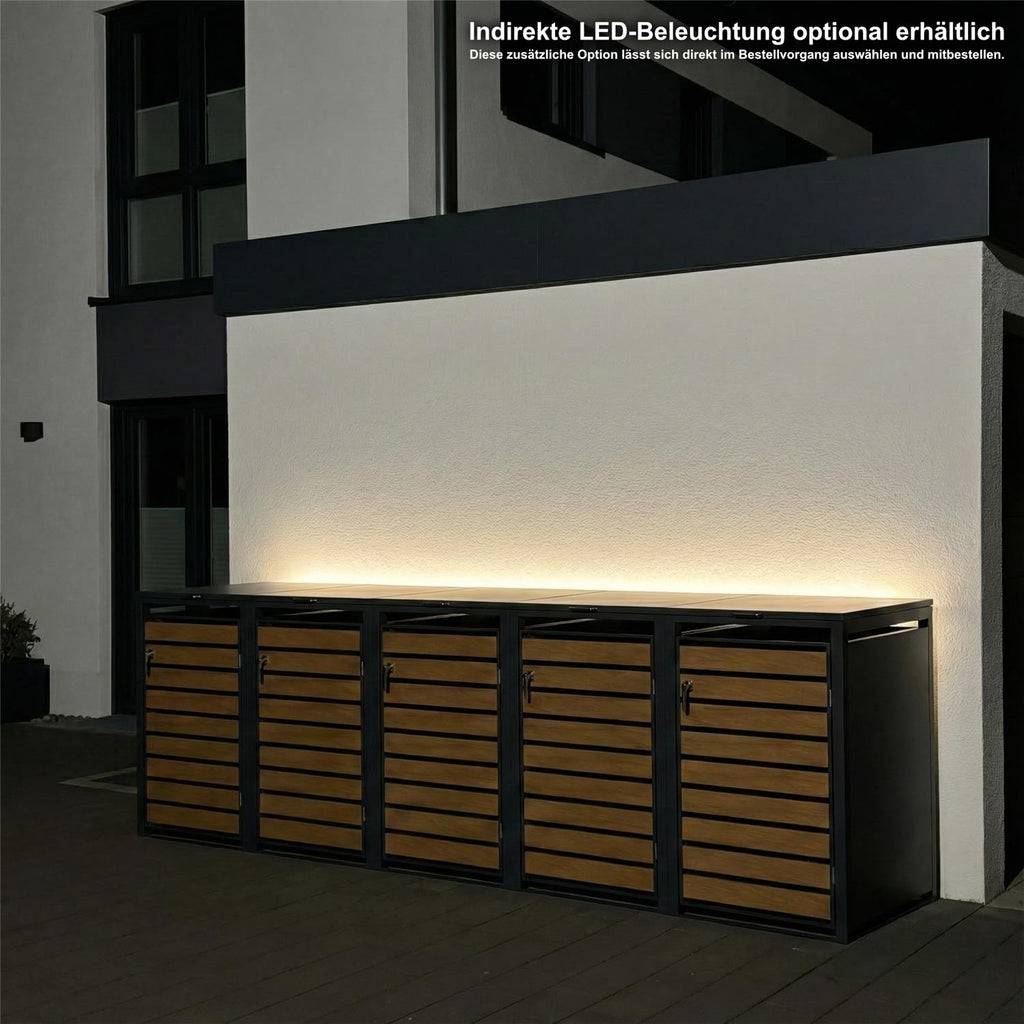 Metzler Mülltonnenbox | 5er | 240l | in Holzoptik | Anthrazit RAL 7016 | aus Stahl | rostfrei & massiv | Türgriff mit Schloss