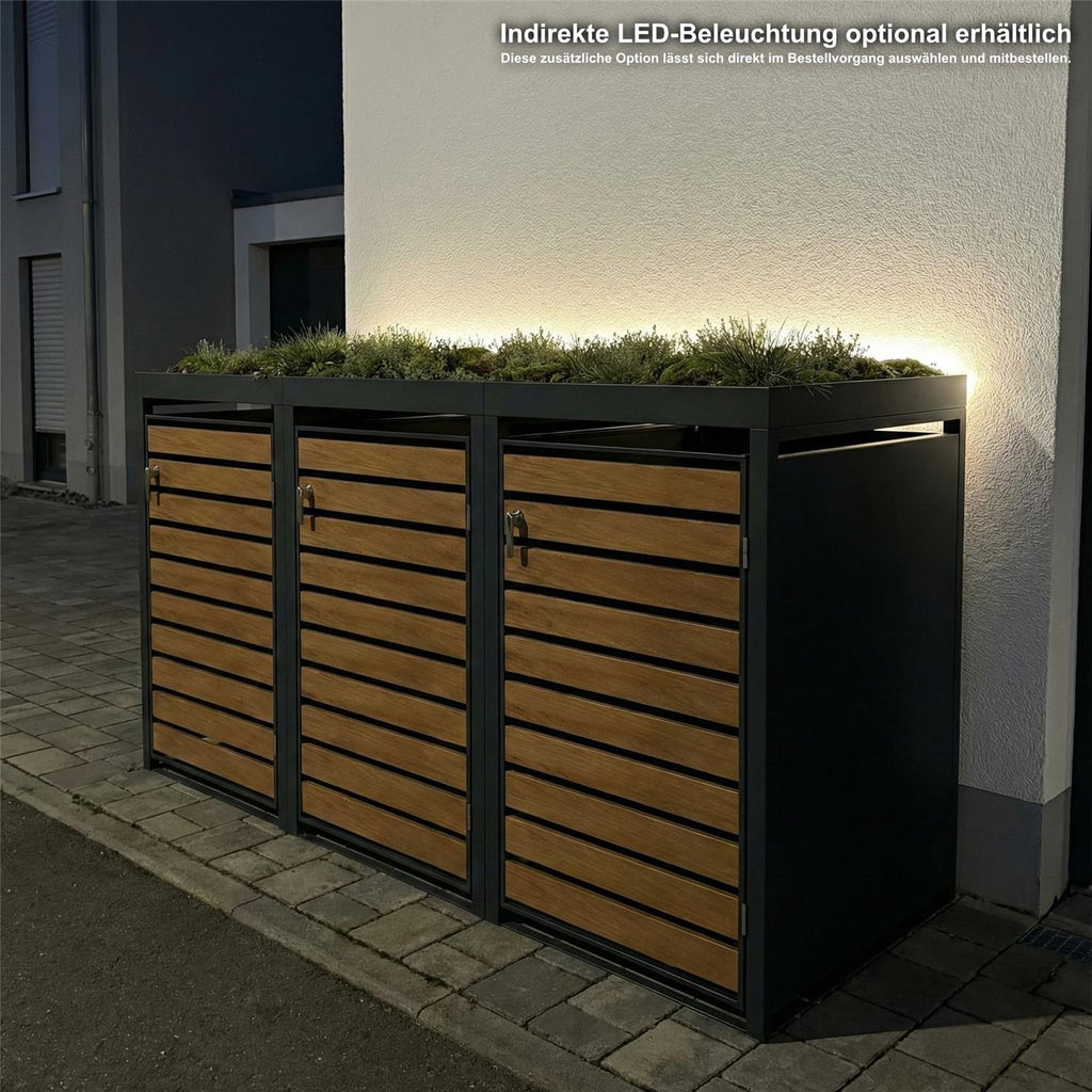 Metzler Mülltonnenbox mit Pflanzdach | 3er | 240l | in Holzoptik | Anthrazit RAL 7016 | aus Stahl | rostfrei & massiv | Türgriff mit Schloss