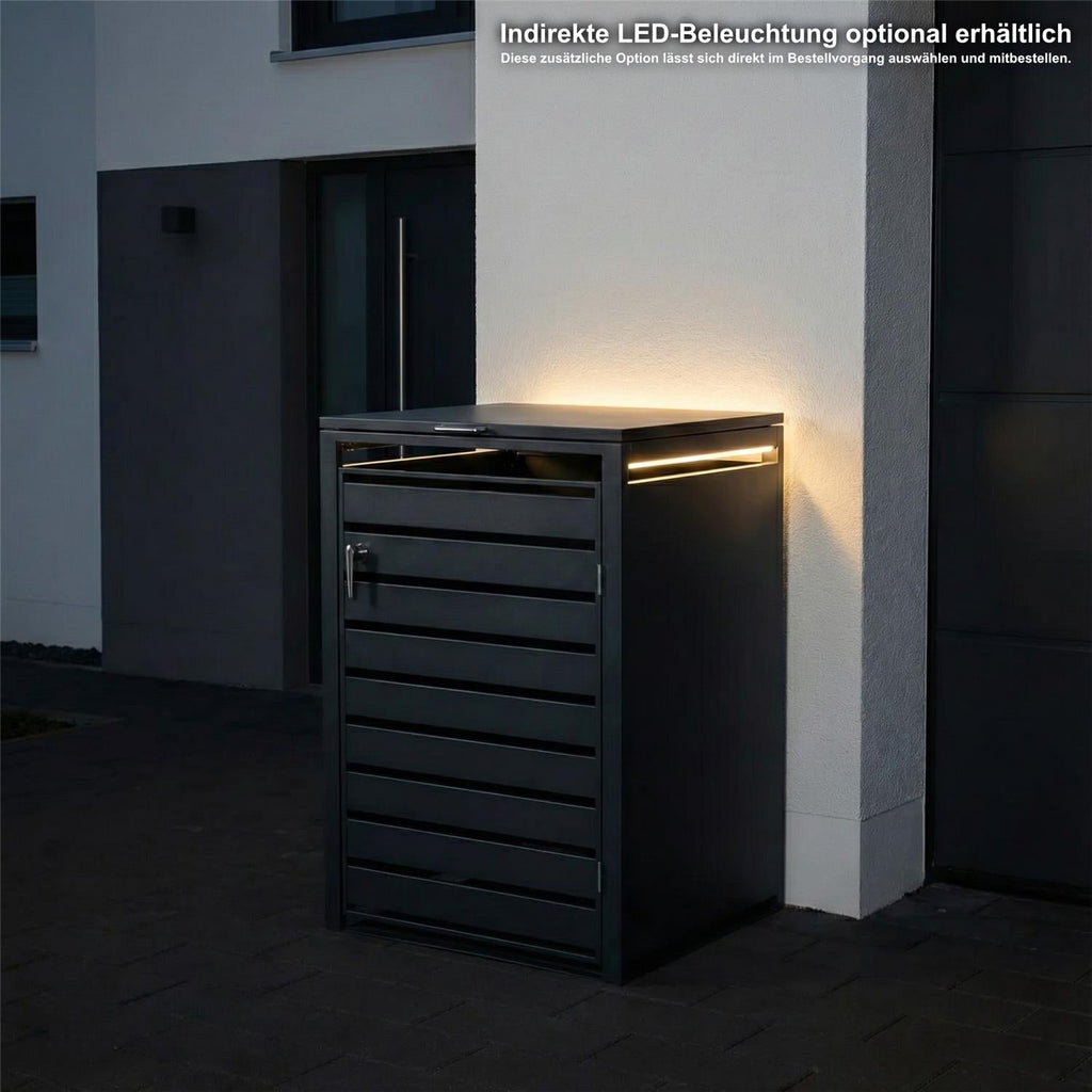 Metzler Mülltonnenbox | 1er | 240l | Anthrazit RAL 7016 | aus Stahl | mit Sichtstreifen | rostfrei & massiv | Türgriff mit Schloss