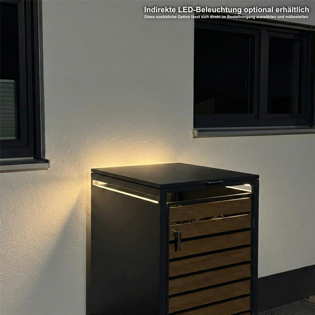 Metzler Mülltonnenbox | 1er | 240l | in Holzoptik | Anthrazit RAL 7016 | aus Stahl | rostfrei & massiv | Türgriff mit Schloss