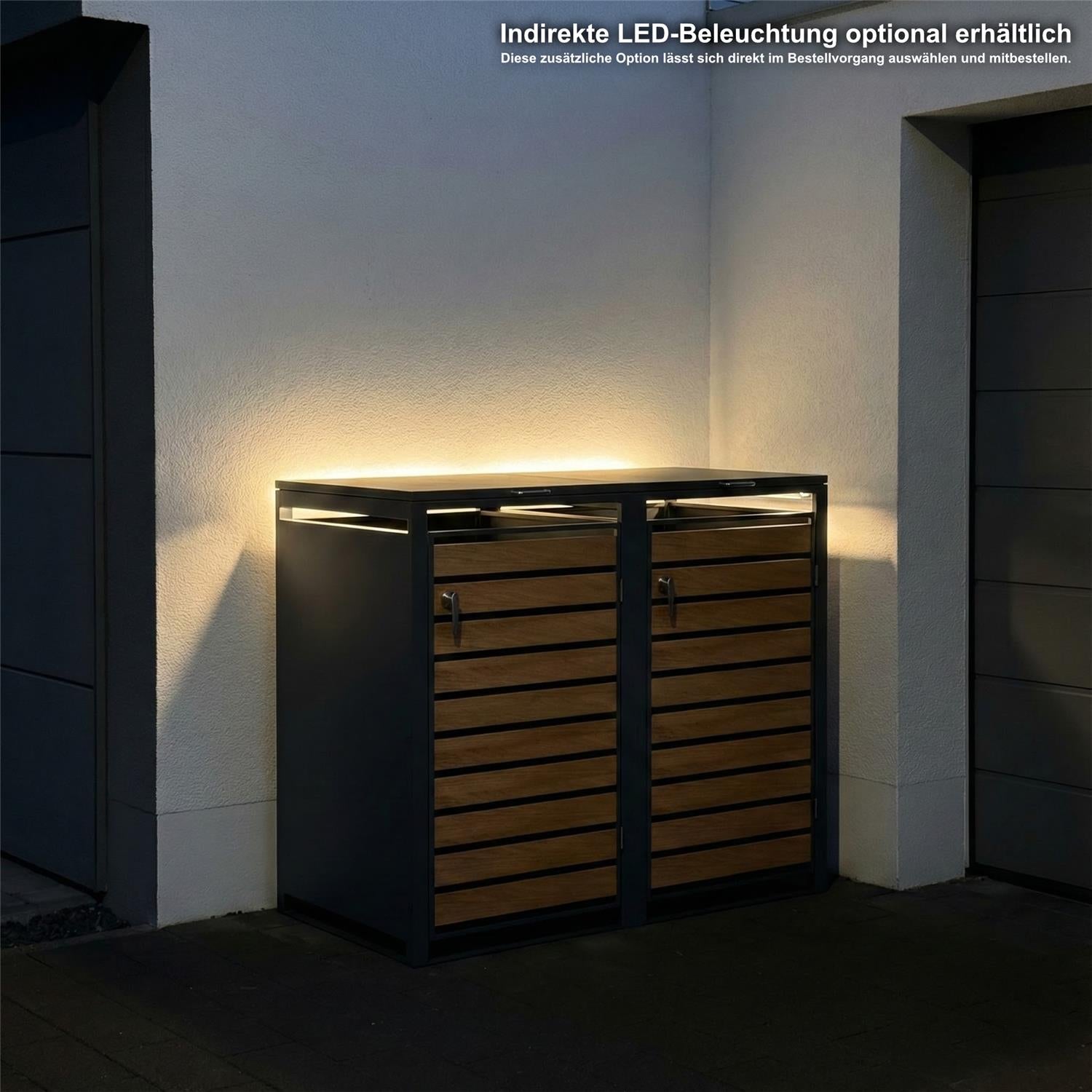 Metzler Mülltonnenbox | 2er | 240l | in Holzoptik | Anthrazit RAL 7016 | aus Stahl | rostfrei & massiv | Türgriff mit Schloss