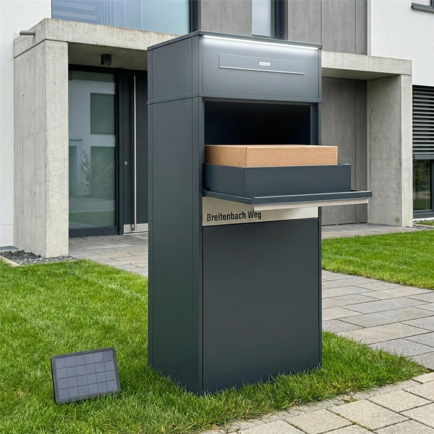 Metzler Paketbox mit LED | Entnahme auf der Rückseite | austauschbares Namensschild | Anthrazit | Zivo 2 Renz LED