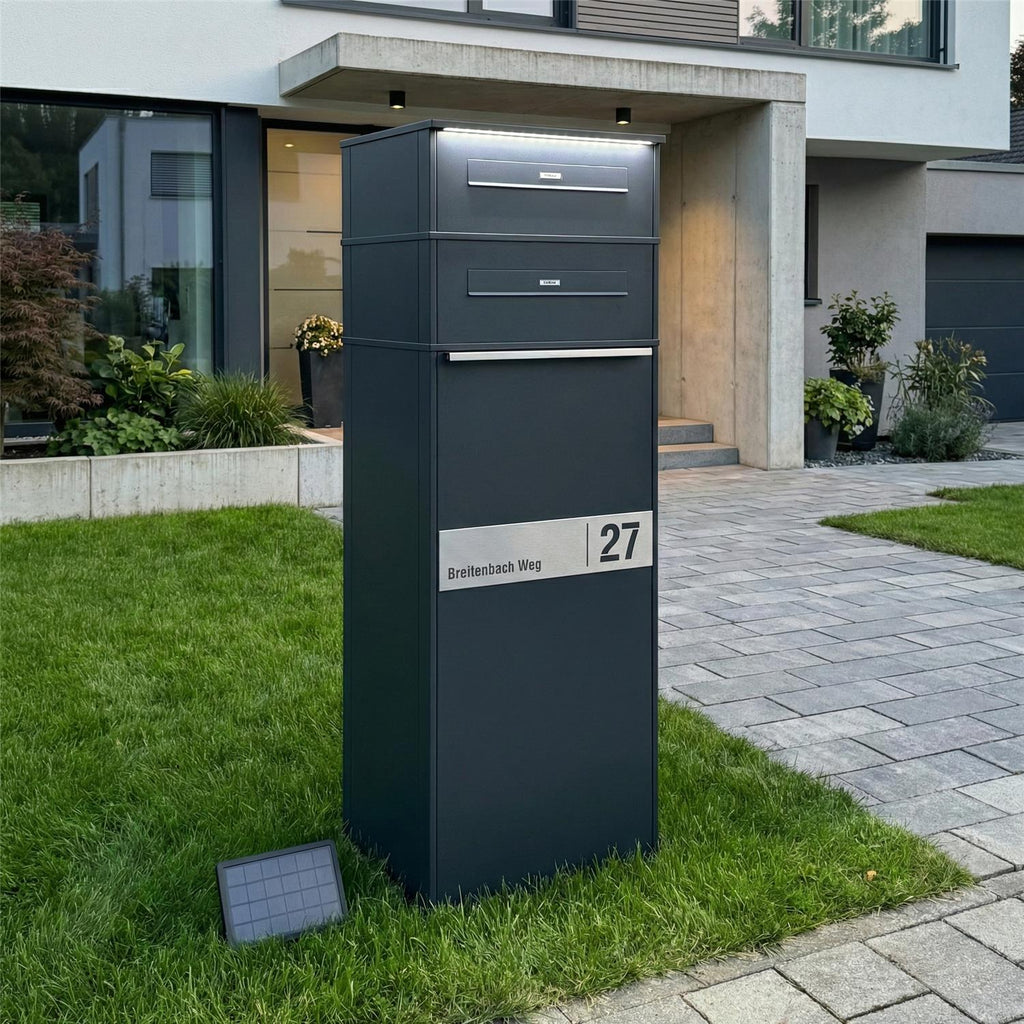Metzler Paketbox mit LED | Entnahme auf der Rückseite | austauschbares Namensschild | Anthrazit | Zivo 2 Renz LED