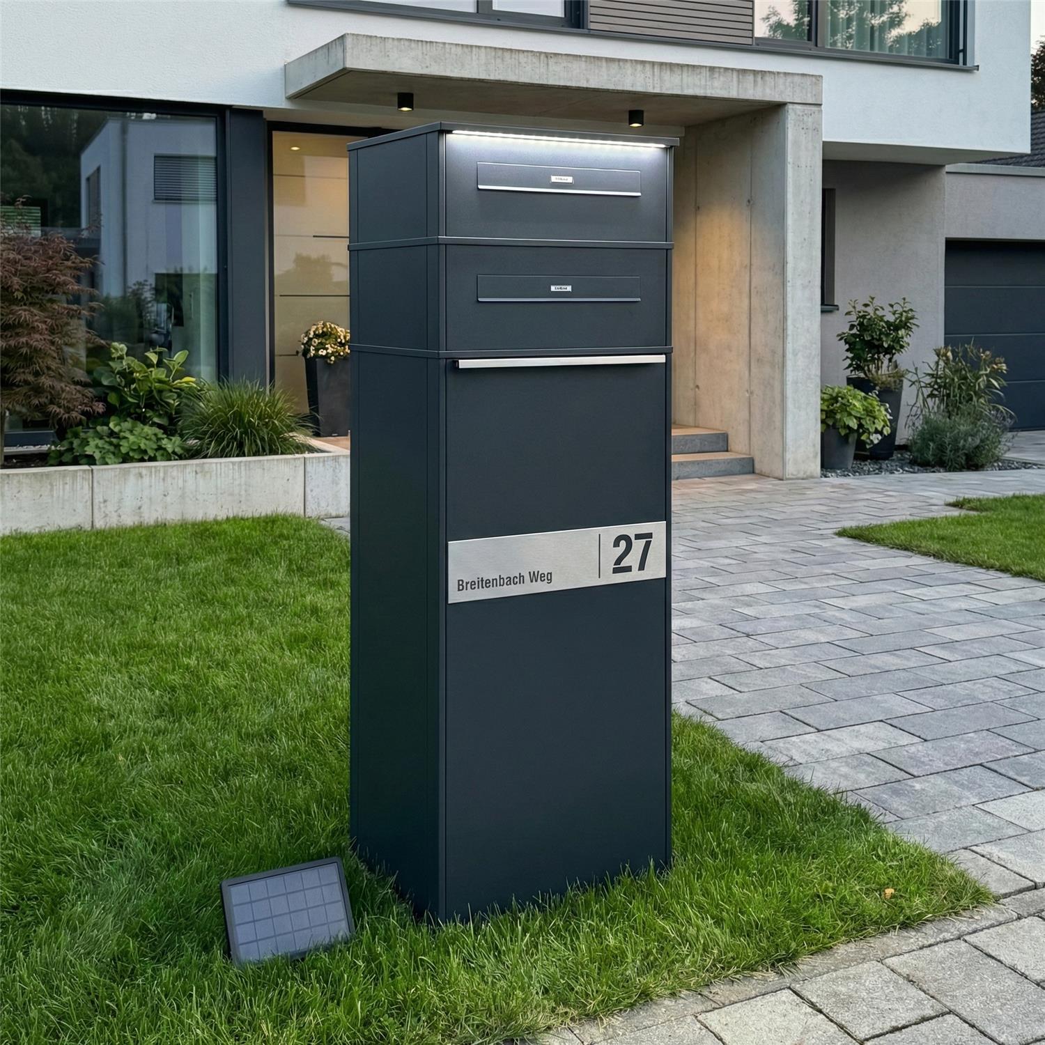 Metzler Paketbox mit LED | Entnahme auf der Rückseite | austauschbares Namensschild | Anthrazit | Zivo 2 Renz LED