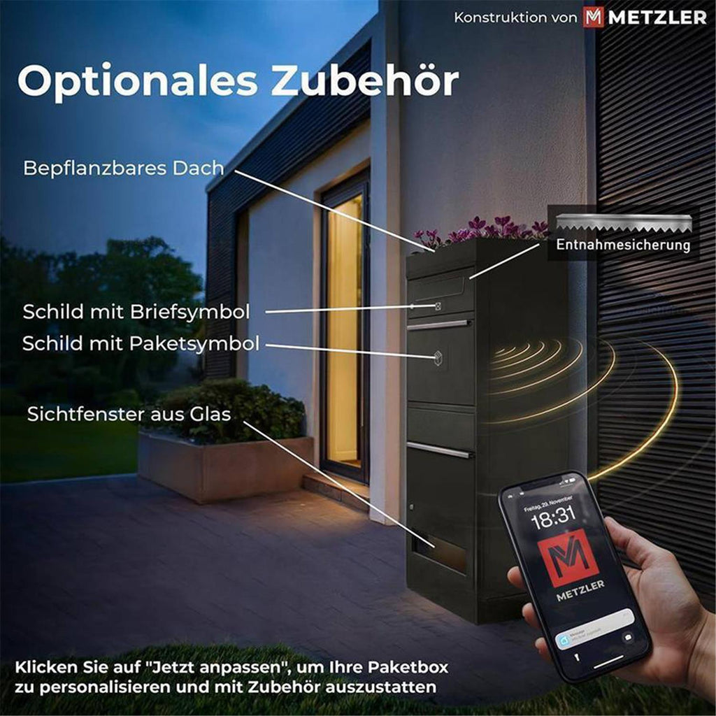 Metzler Paketbox mit Briefkasten | mit Sichtfenster | mit Briefeinwurf | rostfrei | Bispo 3