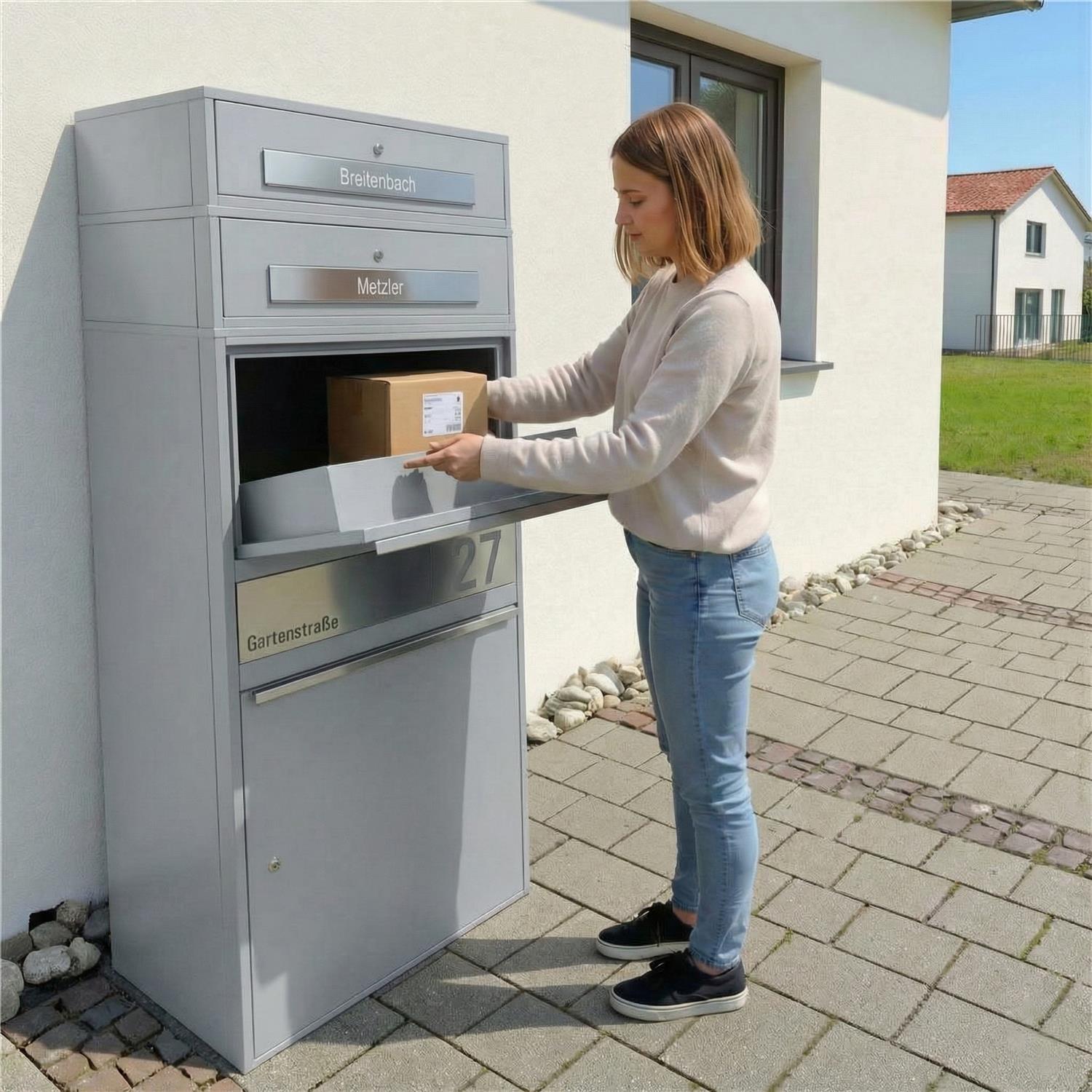 Metzler Paketbox XL mit 2 Briefkästen | Paketkasten rostfrei | personalisiert mit Gravur | Bispo Max 2
