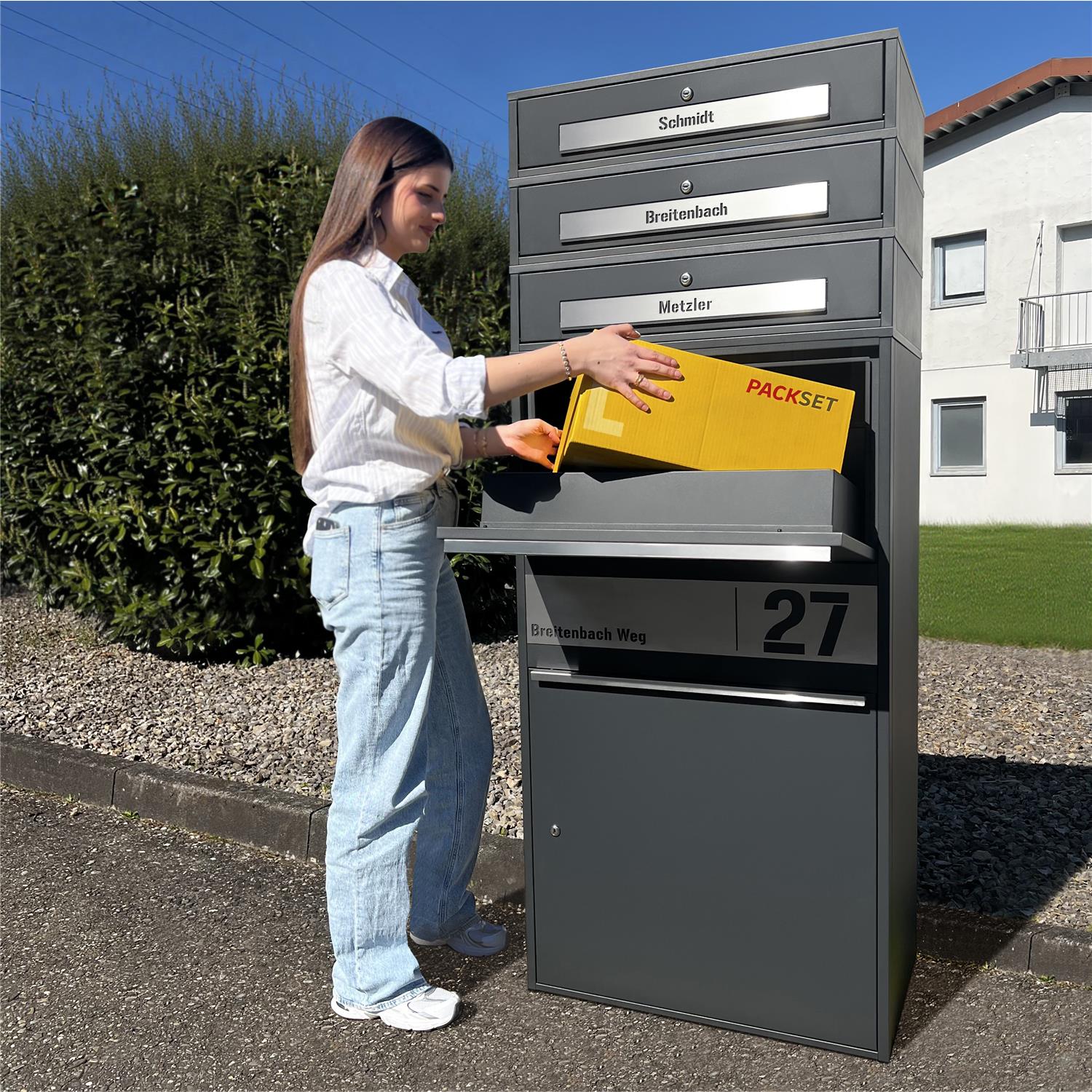 Metzler Paketbox XL mit 3 Briefkästen | Paketkasten rostfrei | personalisiert mit Gravur | Bispo Max 2